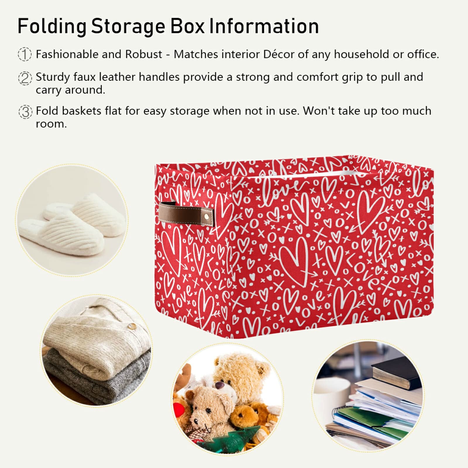 Red Hearts and Arrows Collapsible Canvas Storage Basket - Large Cube Organizer Bin for Home, Office, Closet (15