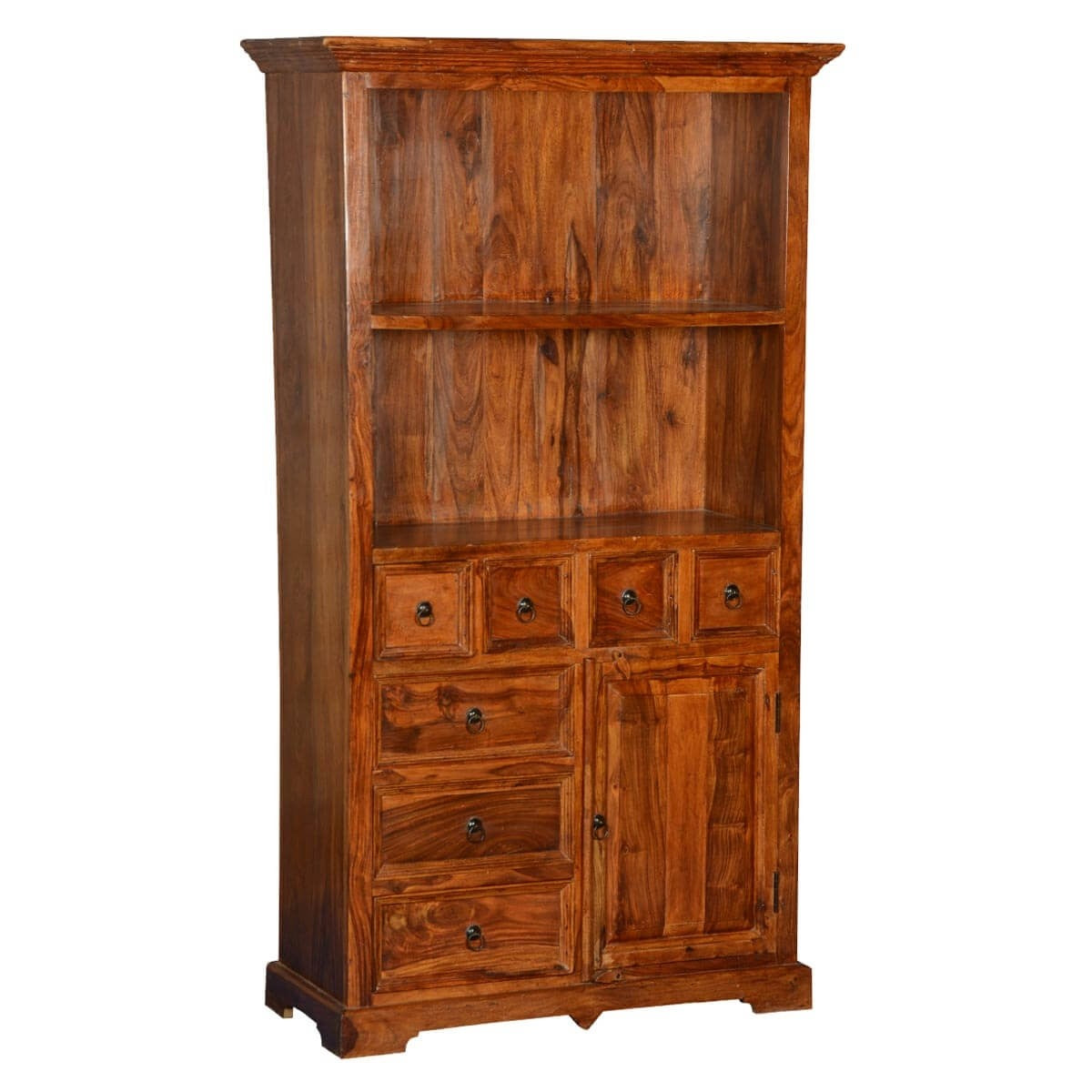 Rustic Wood Bookcase with Doors & Drawers - Gainesville 2 Open Shelf Storage Unit for Living Room, Bedroom, or Home Office