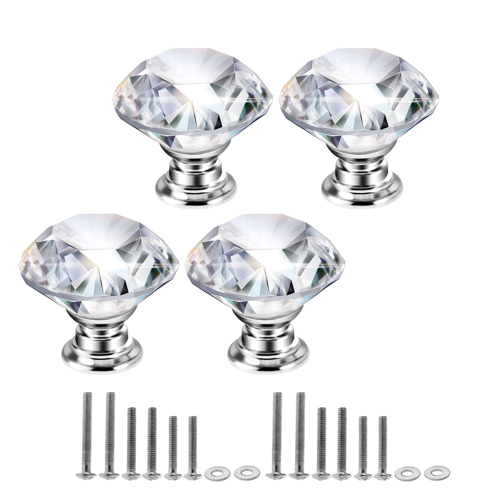 30mm Crystal Glass Knob - 4PCS Diamond Drawer Pulls for Cabinets & Wardrobes - Kitchen & Bathroom Upgrade