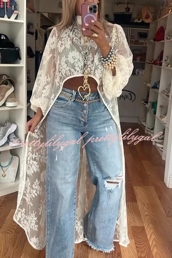 Tanya Lace Pattern Mock Neck Balloon Sleeve High-Low Maxi Top Women's Fashion Blouse | Elegant Lace Design for Parties, Weddings & Special Occasions