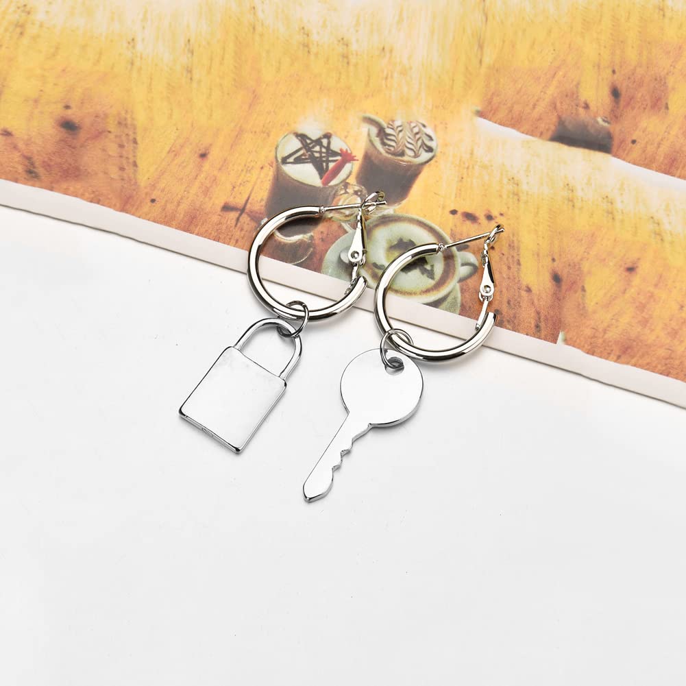 Lock and Key Earrings for Women - Asymmetric Dangle Hoop Earrings with Padlock & Key Design | Punk Edgy Aesthetic Jewelry | Perfect for Gothic, Boho & Everyday Fashion