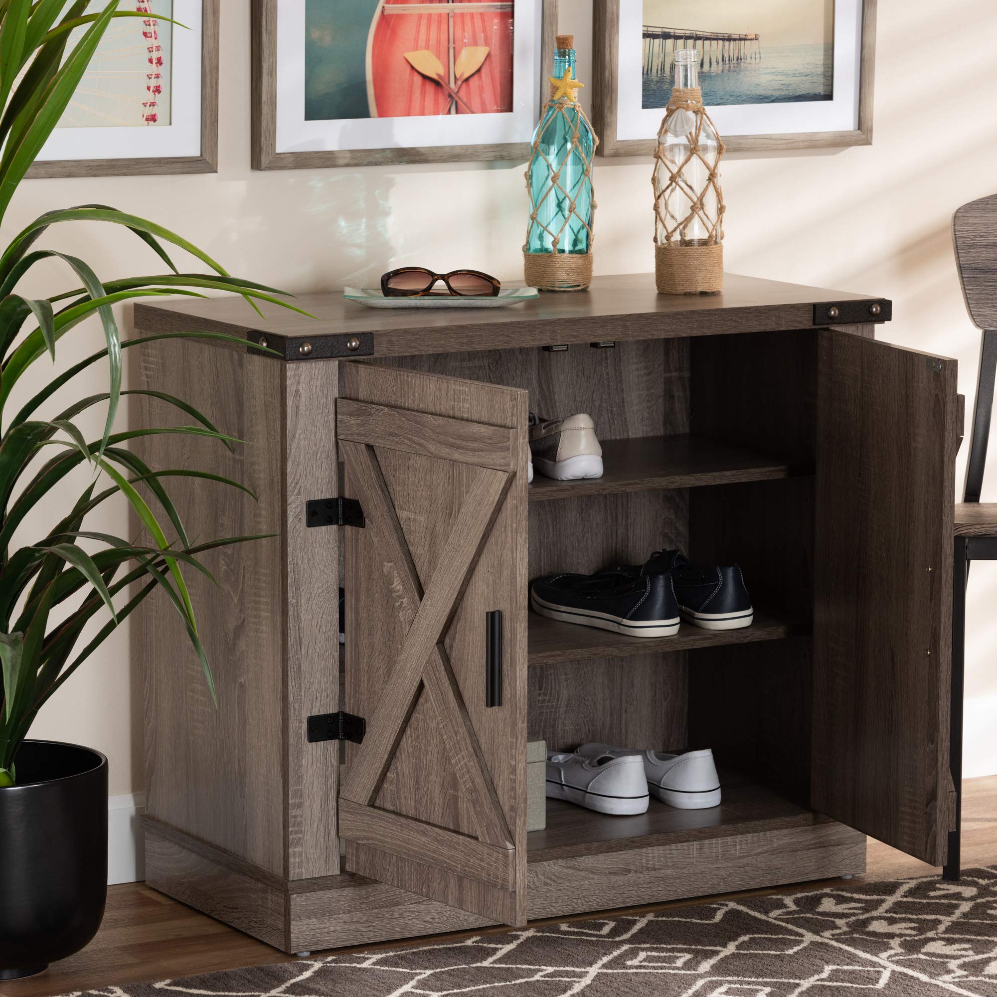 Baxton Studio Wayne Modern Farmhouse Shoe Storage Cabinet - 2-Door Oak Wood Cabinet with Brown Finish | Perfect for Entryway, Mudroom & Closet Organization