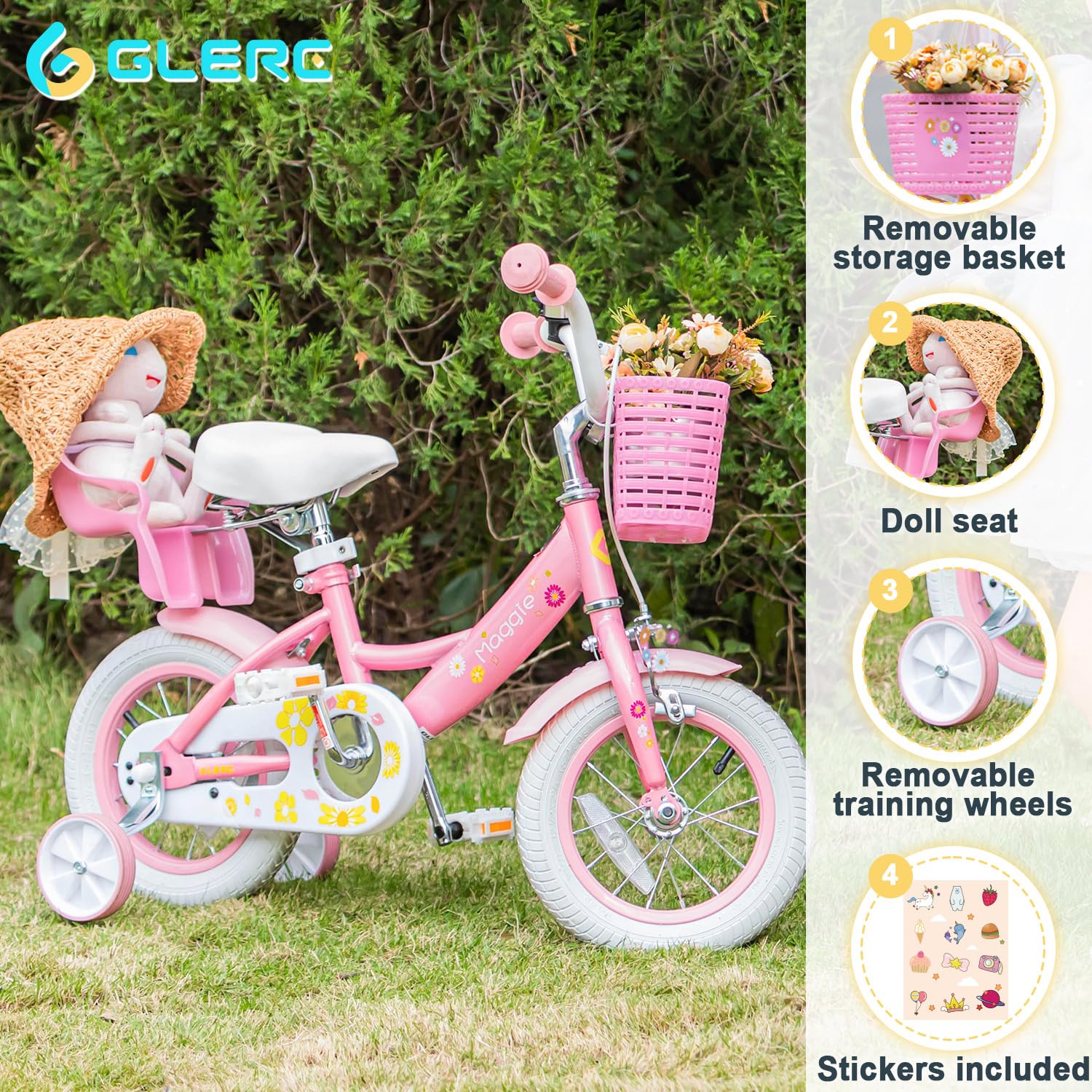 **Maggie Girls Bike - 12-20 Inch Kids Bicycle for Ages 2-13, Princess Style with Doll Seat, Basket & Training Wheels - Multiple Colors - Perfect for Outdoor Play, Birthday Gifts & Learning to Ride**