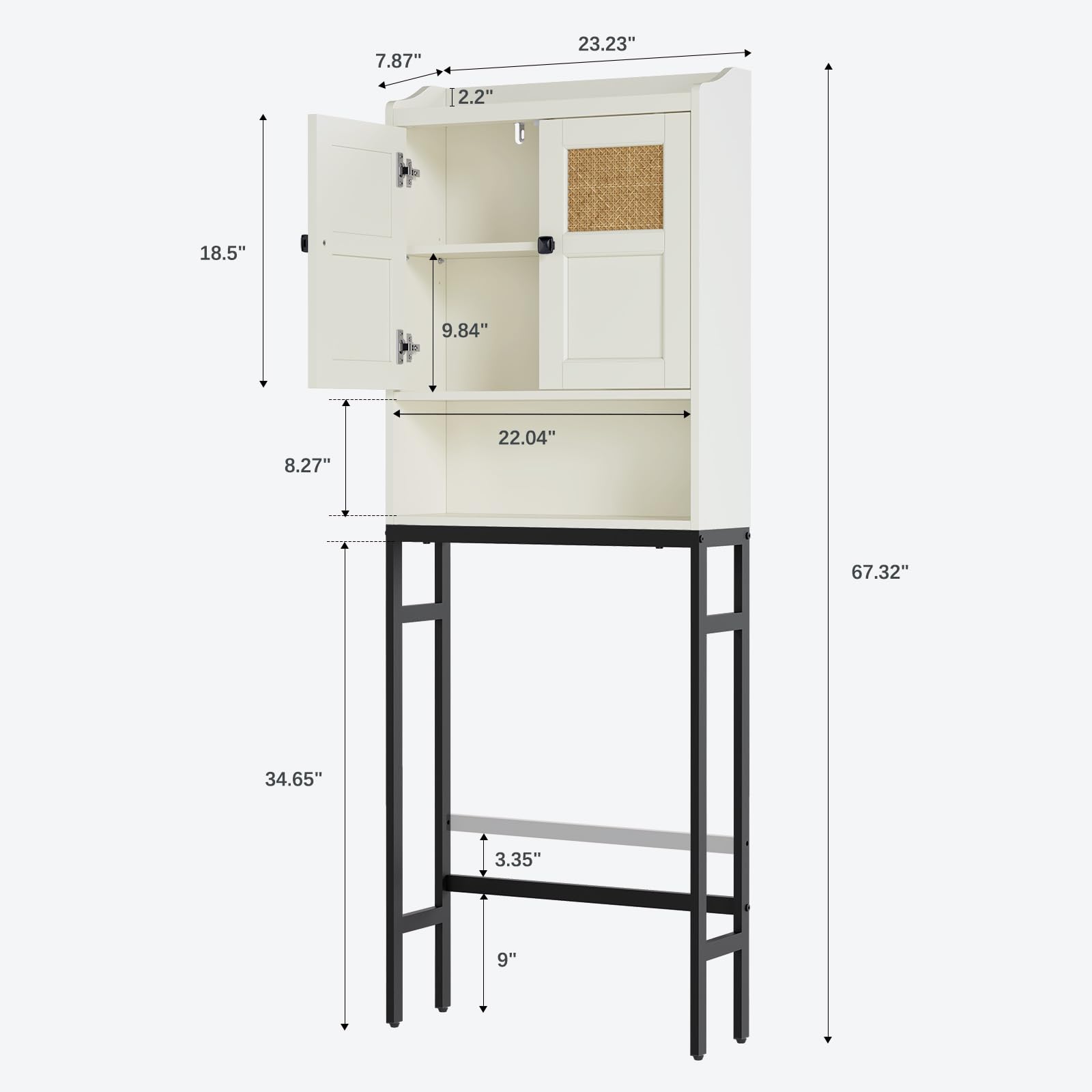 Over The Toilet Storage Cabinet with Rattan Doors - Cream White Bathroom Organizer with Soft Hinges for Above Toilet Space Saving | Perfect for Small Bathrooms, Apartments & Powder Rooms