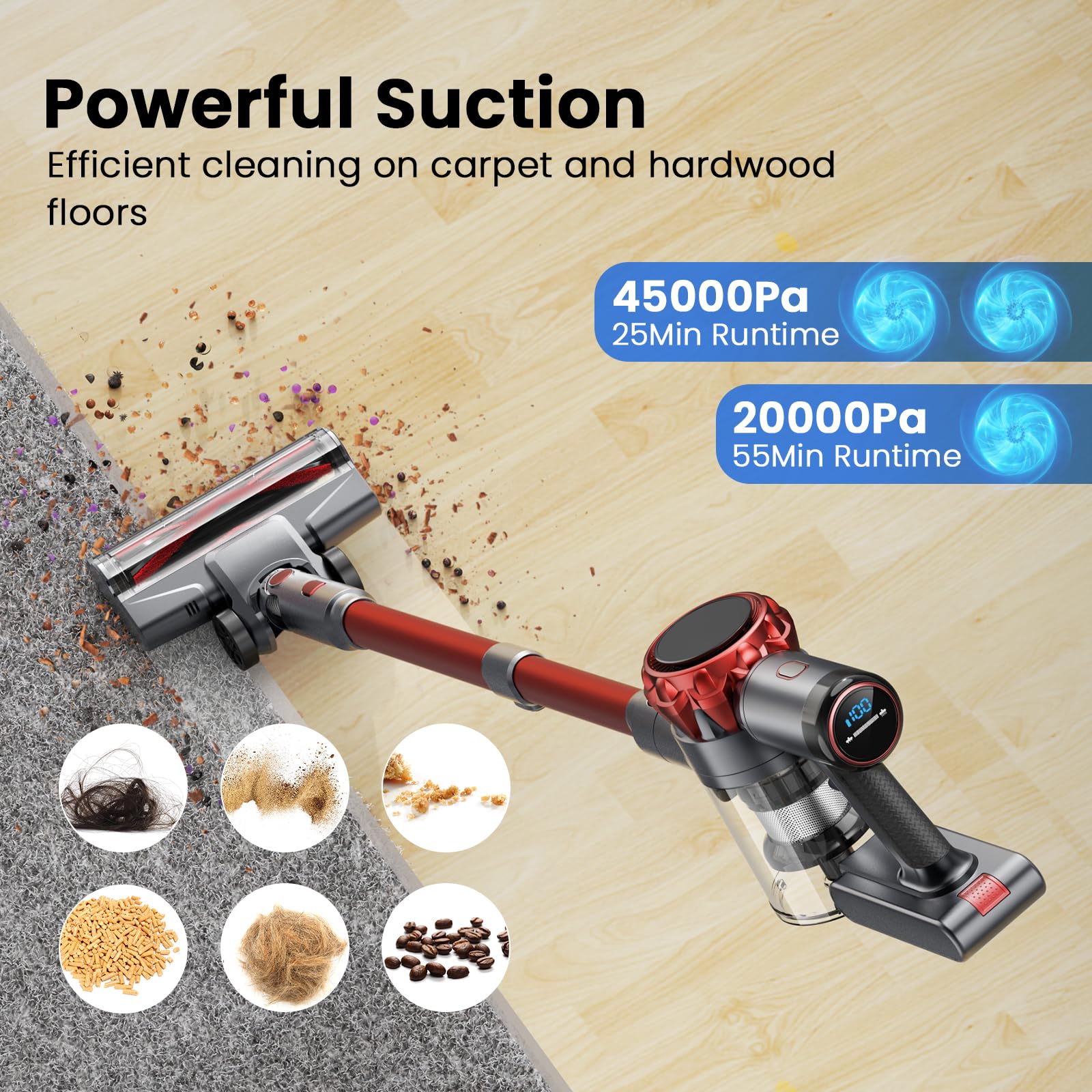 **45kPa Powerful S3 Cordless Vacuum Cleaner - LED Display, 55-Min Runtime, Rechargeable Stick Vacuum for Home, Pet Hair, Carpet & Hard Floors - Free-Standing Design (Red) - Perfect for Quick Cleanups & Pet Owners**