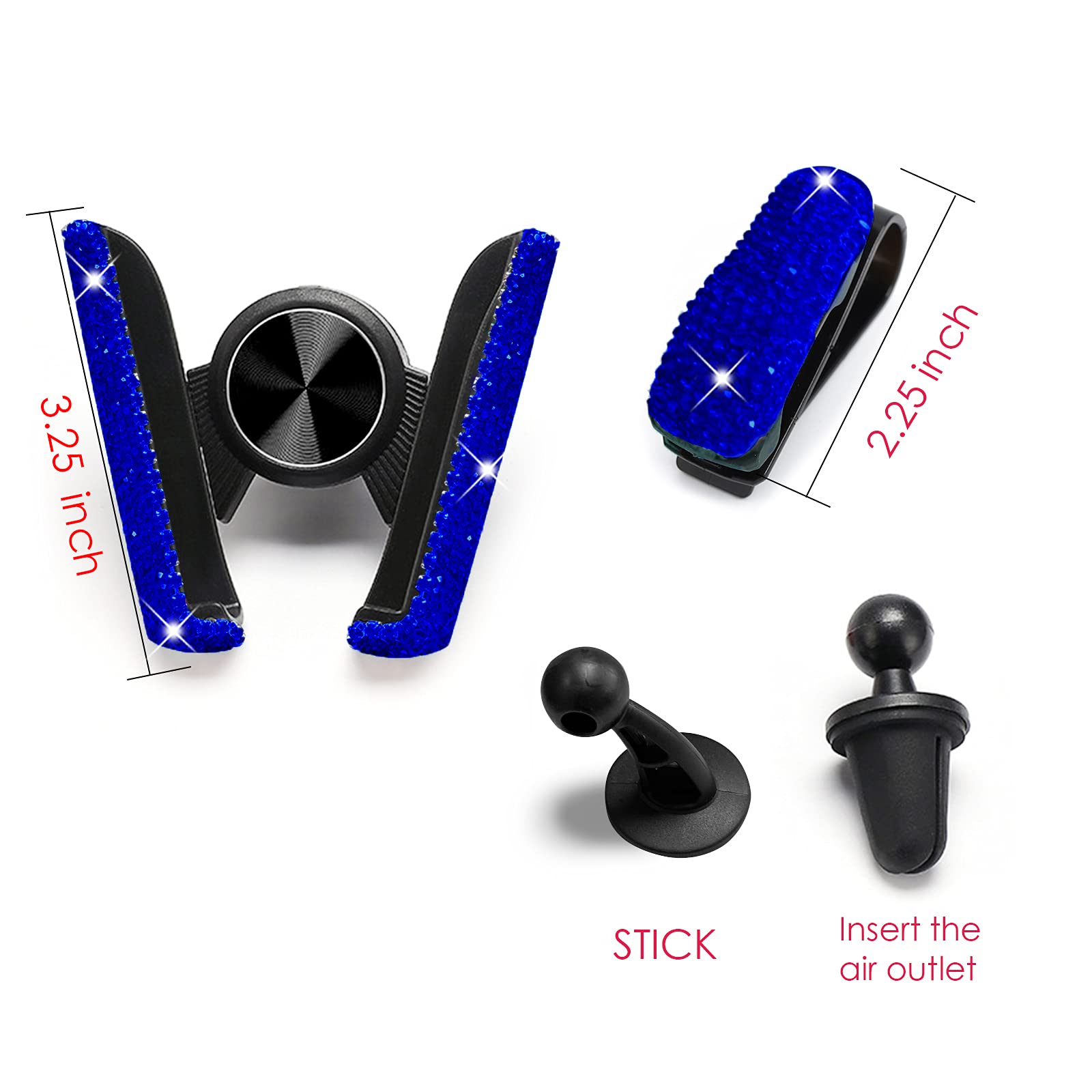 Bling Crystal Car Phone Mount with Free Glasses Holder - Universal Dashboard, Windshield & Air Vent Cell Phone Holder - Stylish Car Accessories for Women (Blue) - Perfect for Commuting, Road Trips & Hands-Free Driving