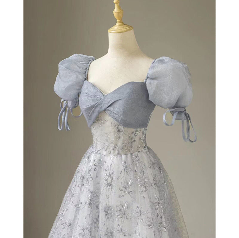 Elegant Floral Printed Long Prom Dress - A-Line Puff Sleeves Blue Party Gown for Women | Formal Evening Gown for Prom, Homecoming, Wedding & Special Occasions