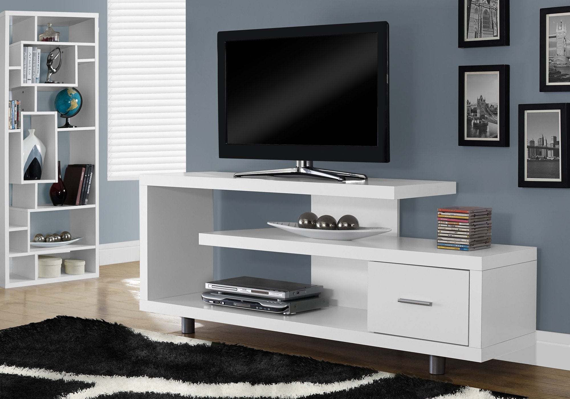 60L White TV Stand with 1 Drawer - Modern Entertainment Center for Living Room, Bedroom & Home Theater Setup