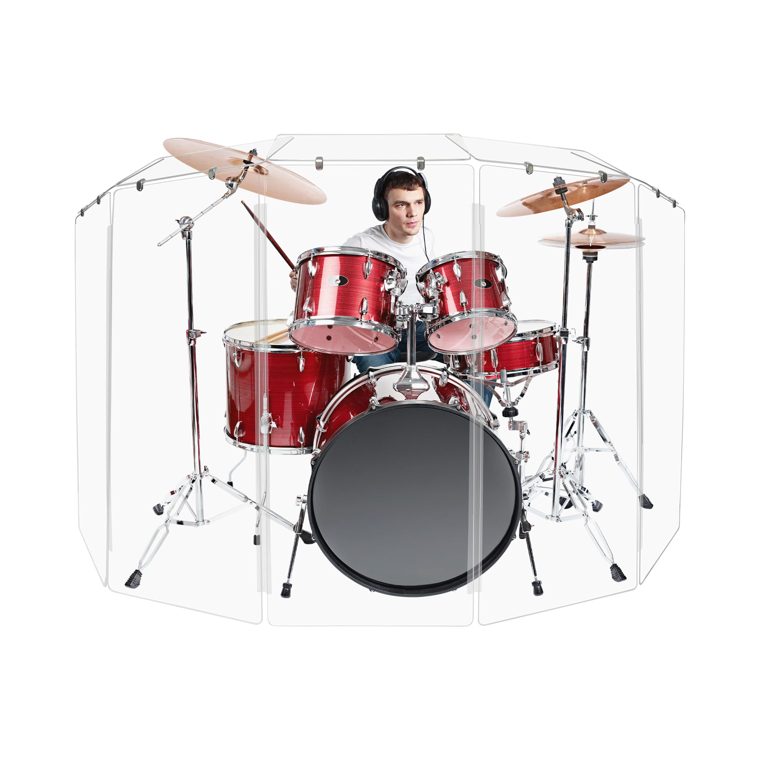 4ft Drum Shield with Deflectors & Plastic Hinges - 5 Clear Acrylic Drum Panels Included | Noise Reduction for Drum Practice, Studio Recording & Live Performances