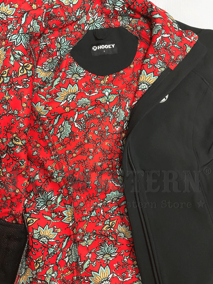Hooey HJ105BK Women's Softshell Jacket with Red Floral Print Lining - Black Waterproof Windbreaker for Outdoor Hiking, Camping & Casual Wear