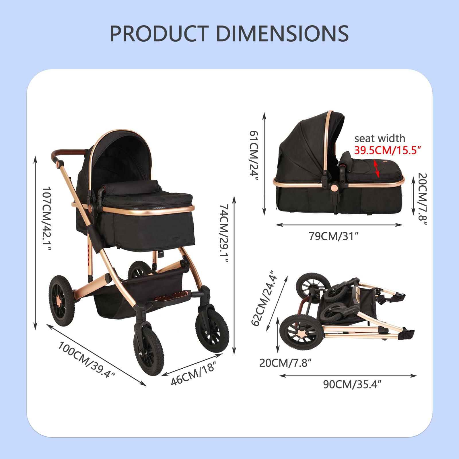Trenana 2 in 1 Baby Stroller - Reversible Bassinet & Adjustable Canopy, Lightweight Foldable Aluminum Alloy Stroller with Shock Absorption for Newborns (Gold-Black) | Perfect for Park Walks, Shopping & Travel