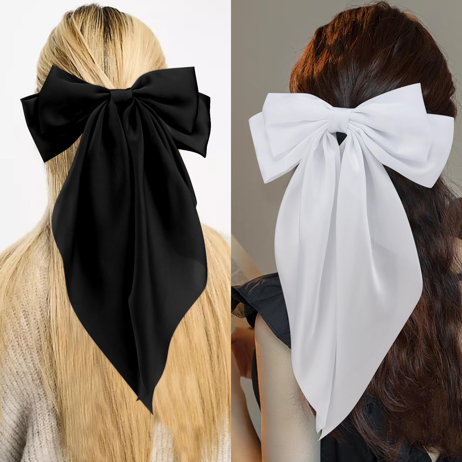 Velscrun 3Pcs Large Satin Hair Bows for Women & Girls - White, Pink, Black - Oversized Hair Clips with Long Tail Ribbons - Perfect for Parties, Weddings, and Everyday Hair Accessories