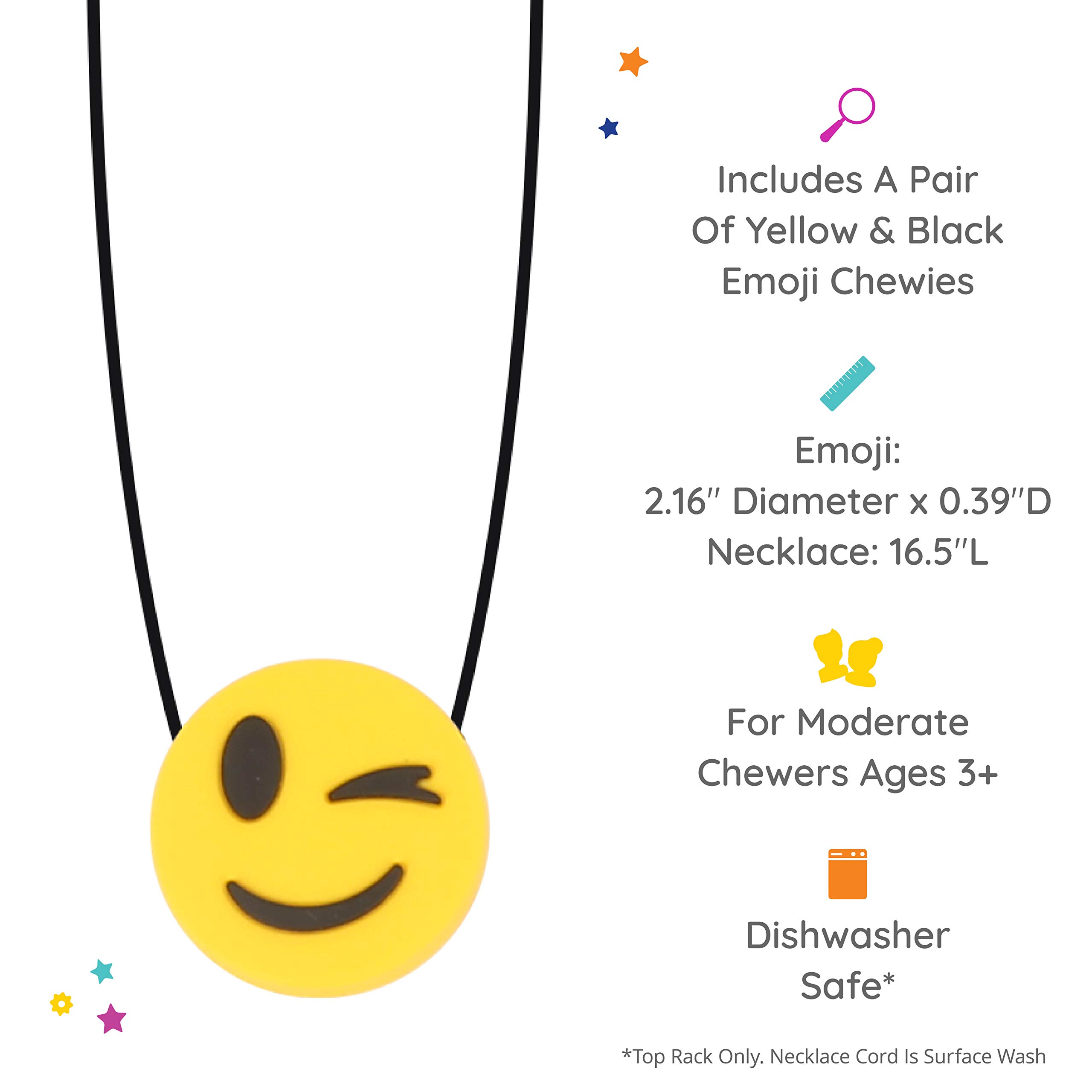 Fun & Functional Winking Emoji Chew Necklace for Kids - 2 Pack Sensory Chew Necklaces for Anxiety Relief & Oral Motor Stimulation - Textured Chewing Jewelry for Special Needs Children Ages 3+ - Perfect for School, Travel & Sensory Play