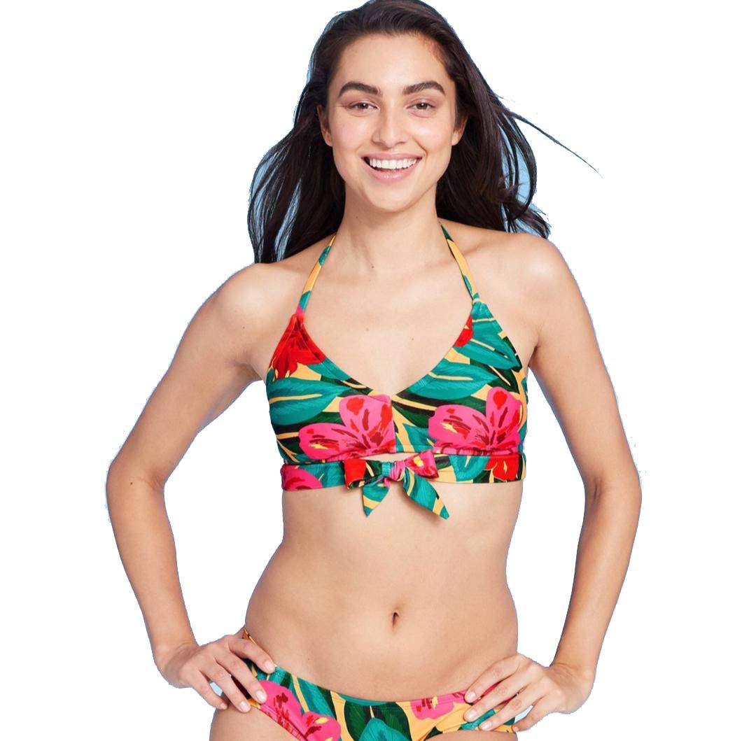 Kona Sol Women's Tie-Front Halter Bralette Bikini Top - Floral Print Swimwear for Beach & Pool - Sexy Summer Bikini Top for Women - Yellow Floral Design
