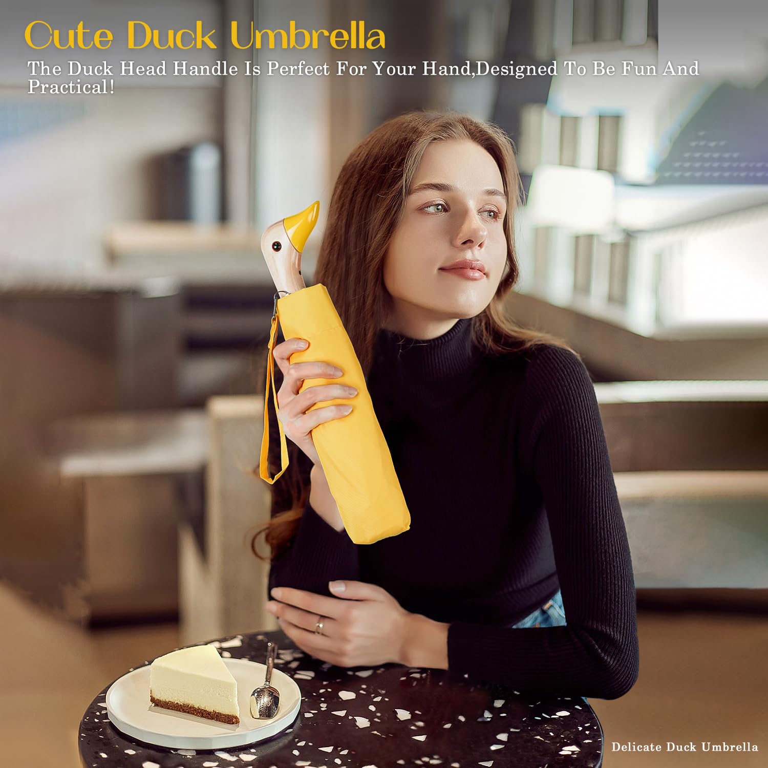 Cute Duck Handle Umbrella - Compact Travel Yellow Duck Head Umbrella for Women & Girls, Lightweight Wood Handle Small Folding Umbrella - Perfect for Rainy Days, Outdoor Activities & Fashion Accessory