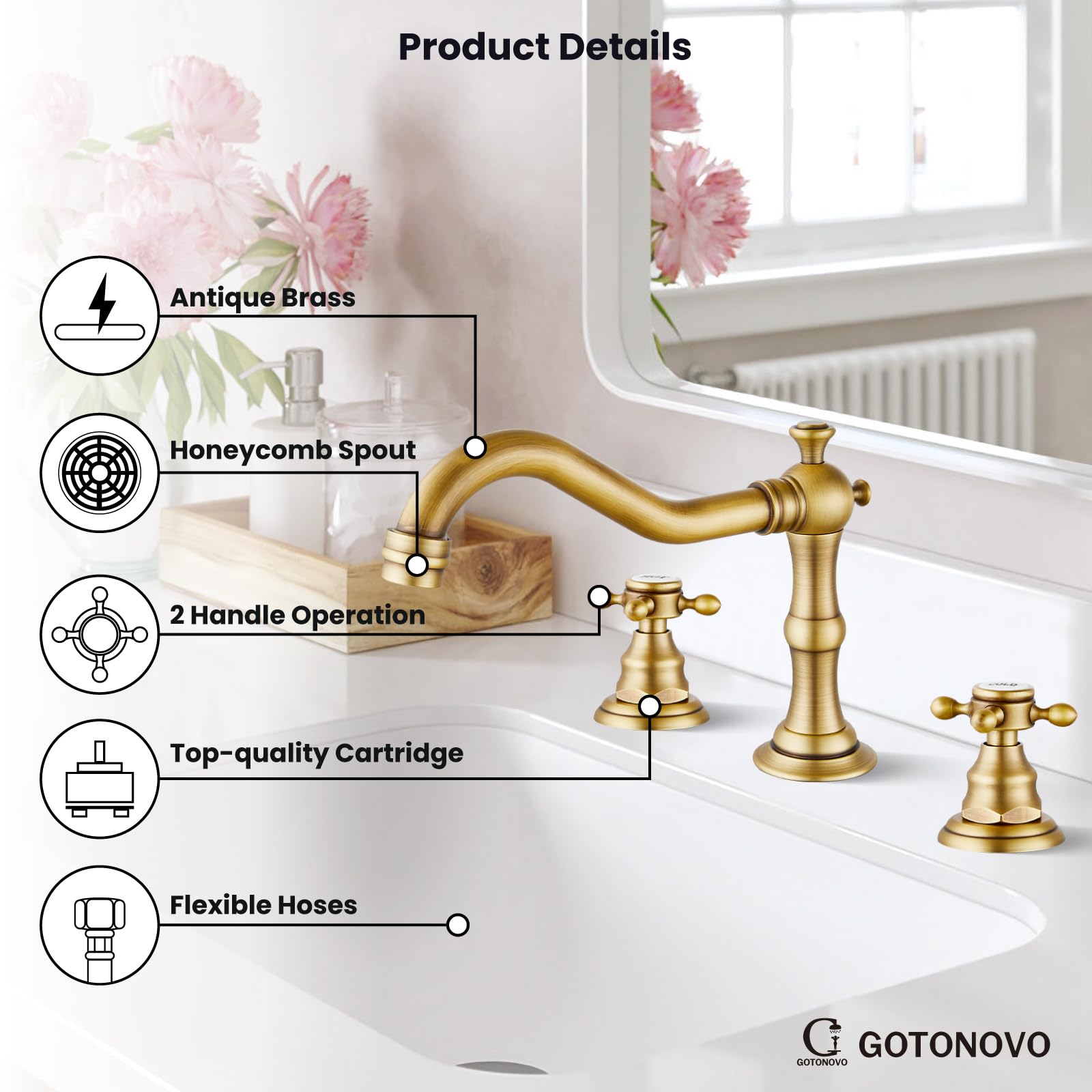 Gotonovo 8 Inch Widespread Bathroom Sink Faucet - 2 Cross Handles, 3 Hole Deck Mount Basin Mixer Tap with Pop Up Drain & Overflow - Antique Brass Finish - Perfect for Bathroom Vanity, Powder Room & Guest Bath Renovation