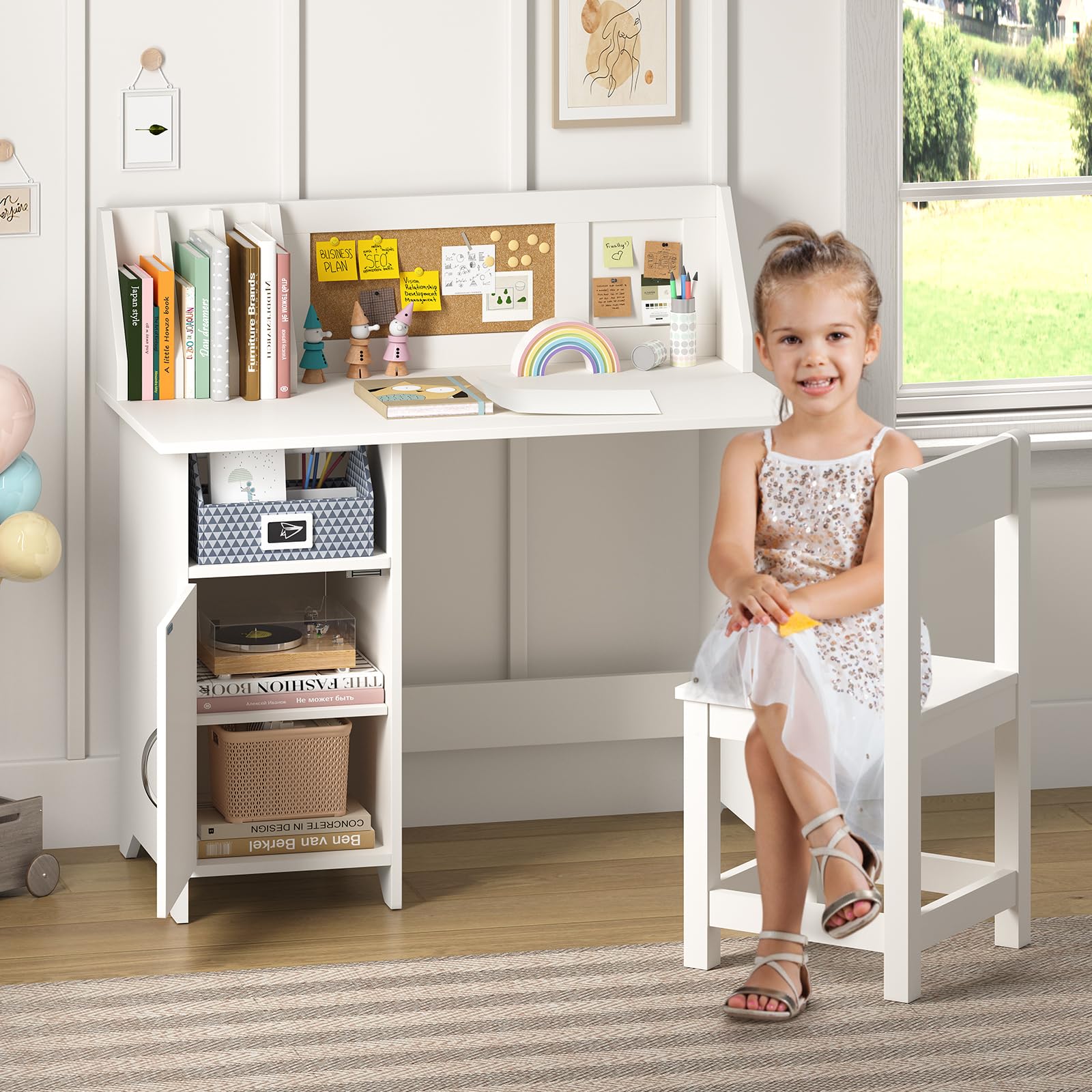 White Kids Desk with Chair - Wooden Study Table for Boys & Girls, Computer Desk with Storage Drawers, Hutch & Bookshelf - Perfect for Bedroom & Study Room (Pearl White) | Ideal for Homework, Online Learning & Creative Activities