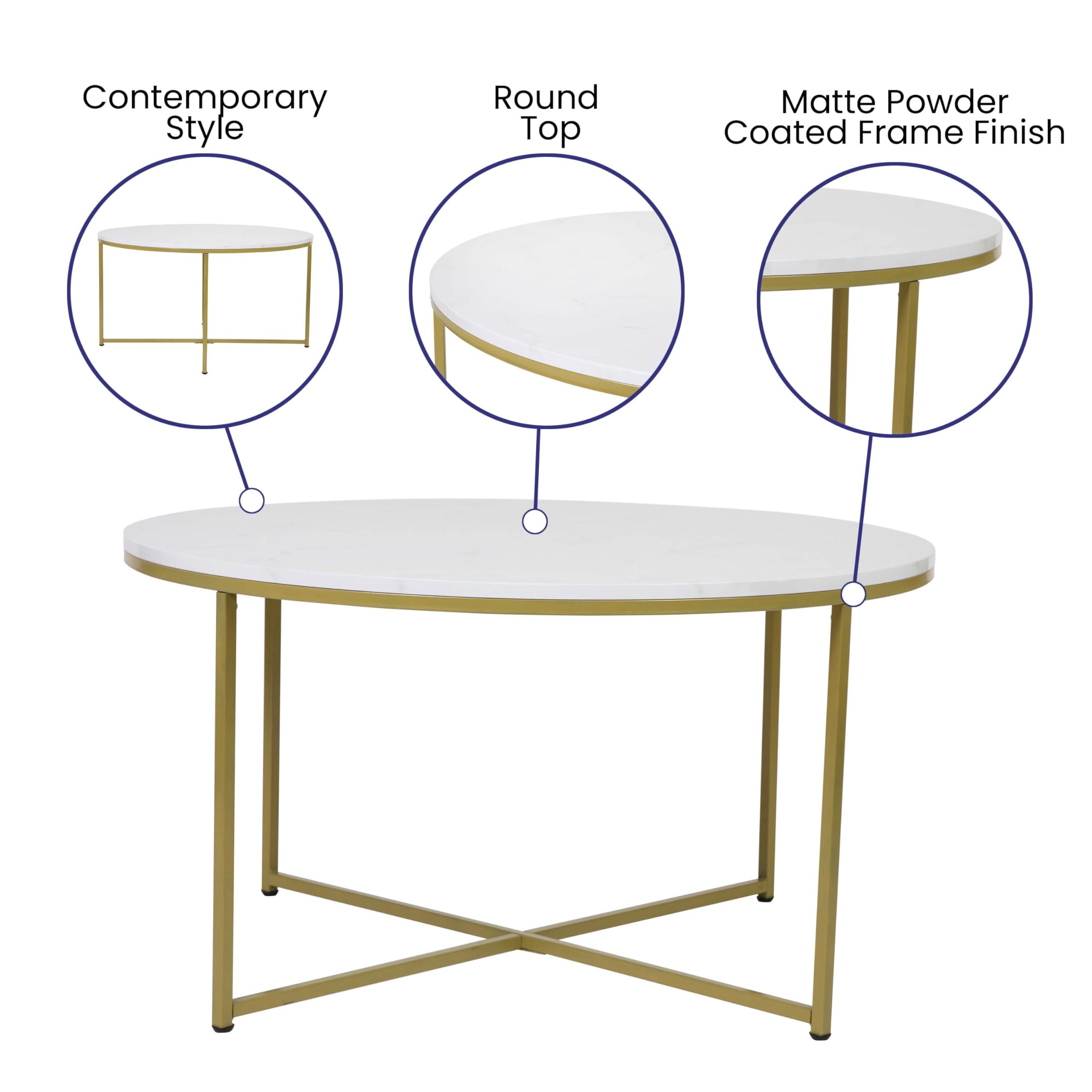 Hampstead Collection 3-Piece Coffee & End Table Set - White Marbled Laminate Top with Brushed Gold Crisscross Frame - Modern Living Room Furniture for Small Spaces, Apartments & Home Decor