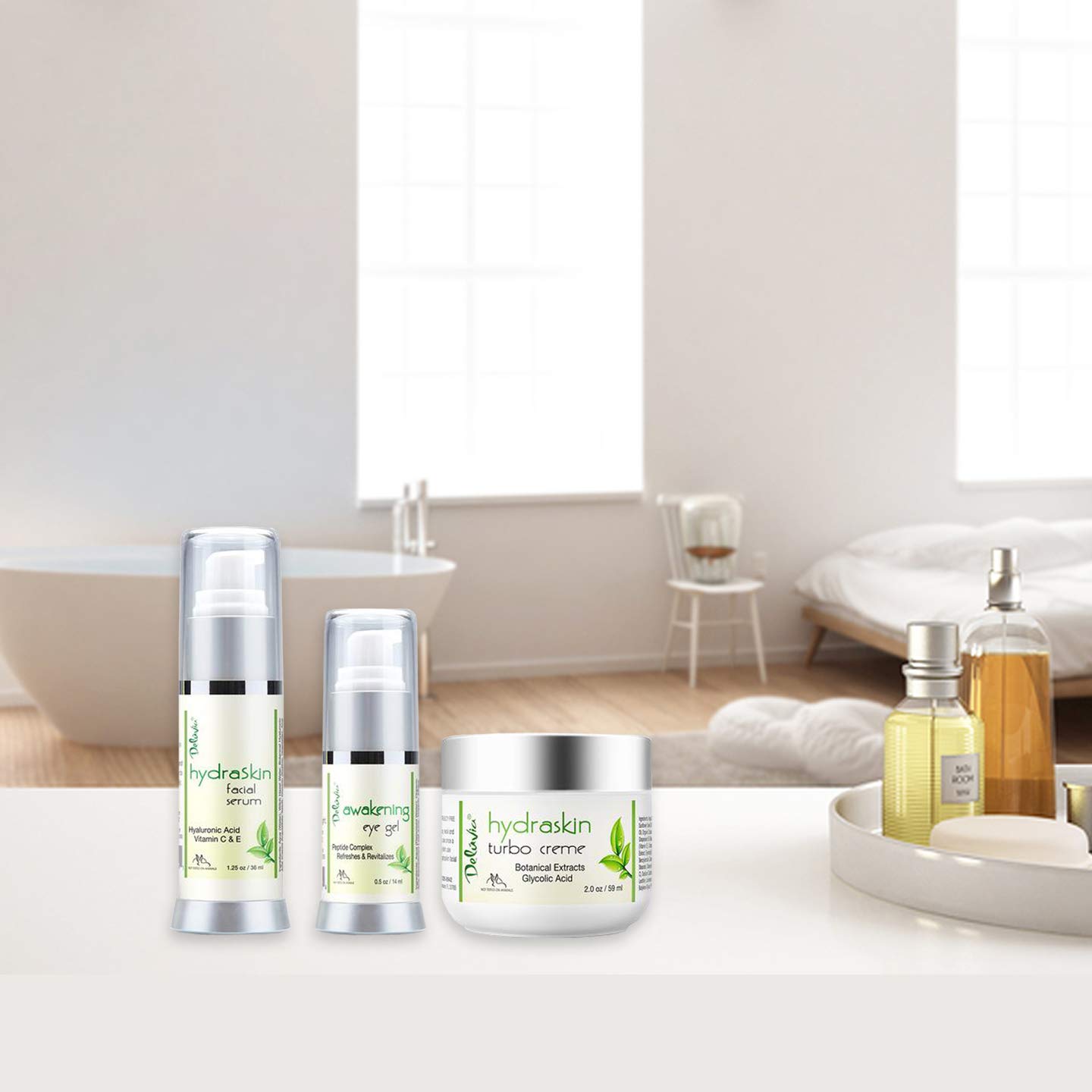 Deluvia HydraSkin Awakening System - Anti-Aging Skincare Set with Hyaluronic Acid, Vitamin C Serum & Night Cream | Organic Aloe Vera, Vitamin E & Essential Oils | Perfect for Dry Skin, Wrinkles & Dark Circles | Daily Facial Care Routine for Glowing Skin