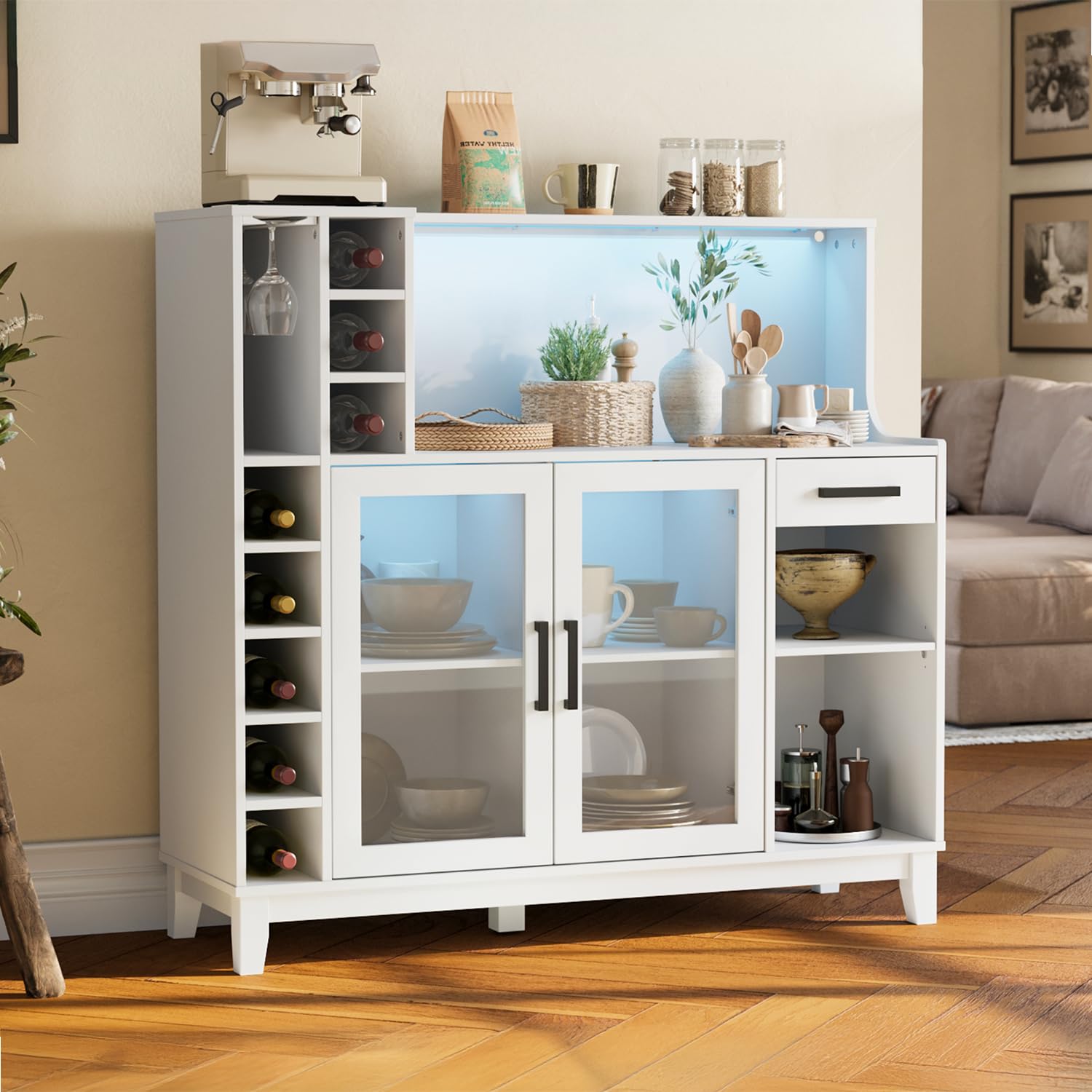 Modern Wine Bar Cabinet with LED Lights & Glass Rack - LINSY HOME Liquor Storage Cabinet with Drawers, Coffee Bar Organizer - Buffet Sideboard for Living Room, Dining Room, Kitchen & Home Bar (White) - Perfect for Entertaining, Wine Storage & Home Decor