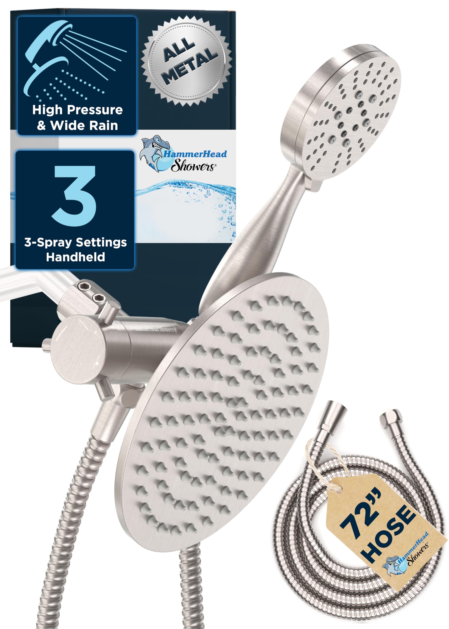 HammerHead Showers® All Metal Dual Shower Head Combo - Brushed Nickel - 8 Inch Rainfall High Flow Shower Head & 3-Setting Handheld Shower with 6ft Hose - High Pressure Luxury Bathroom Upgrade for Spa-Like Experience