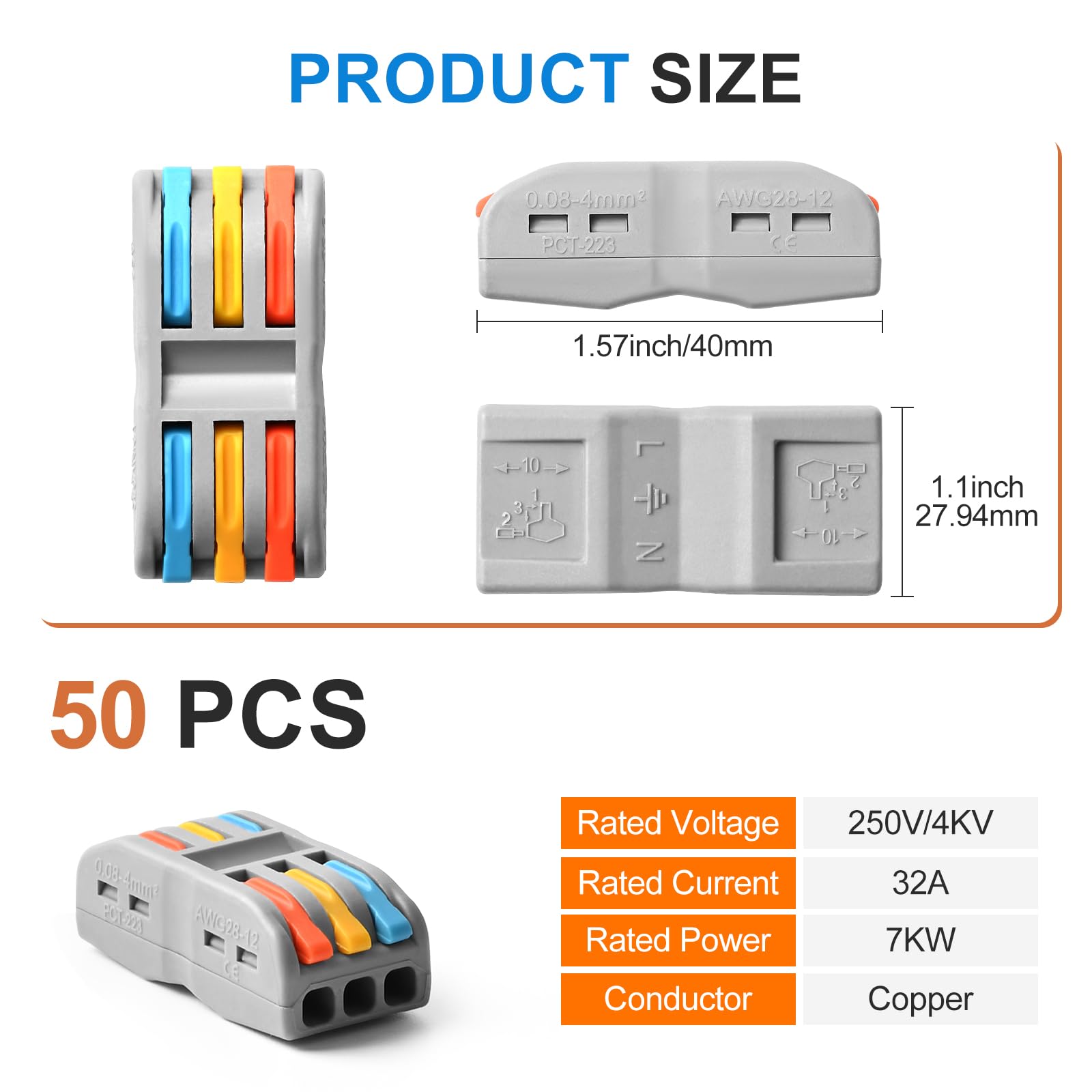 50pcs 3 Conductor Compact Splicing Wire Connectors - Lever Wire Nuts for 3 in 3 Out Connections (28-12 AWG) | Ideal for Home Electrical Wiring, DIY Projects & Automotive Repairs