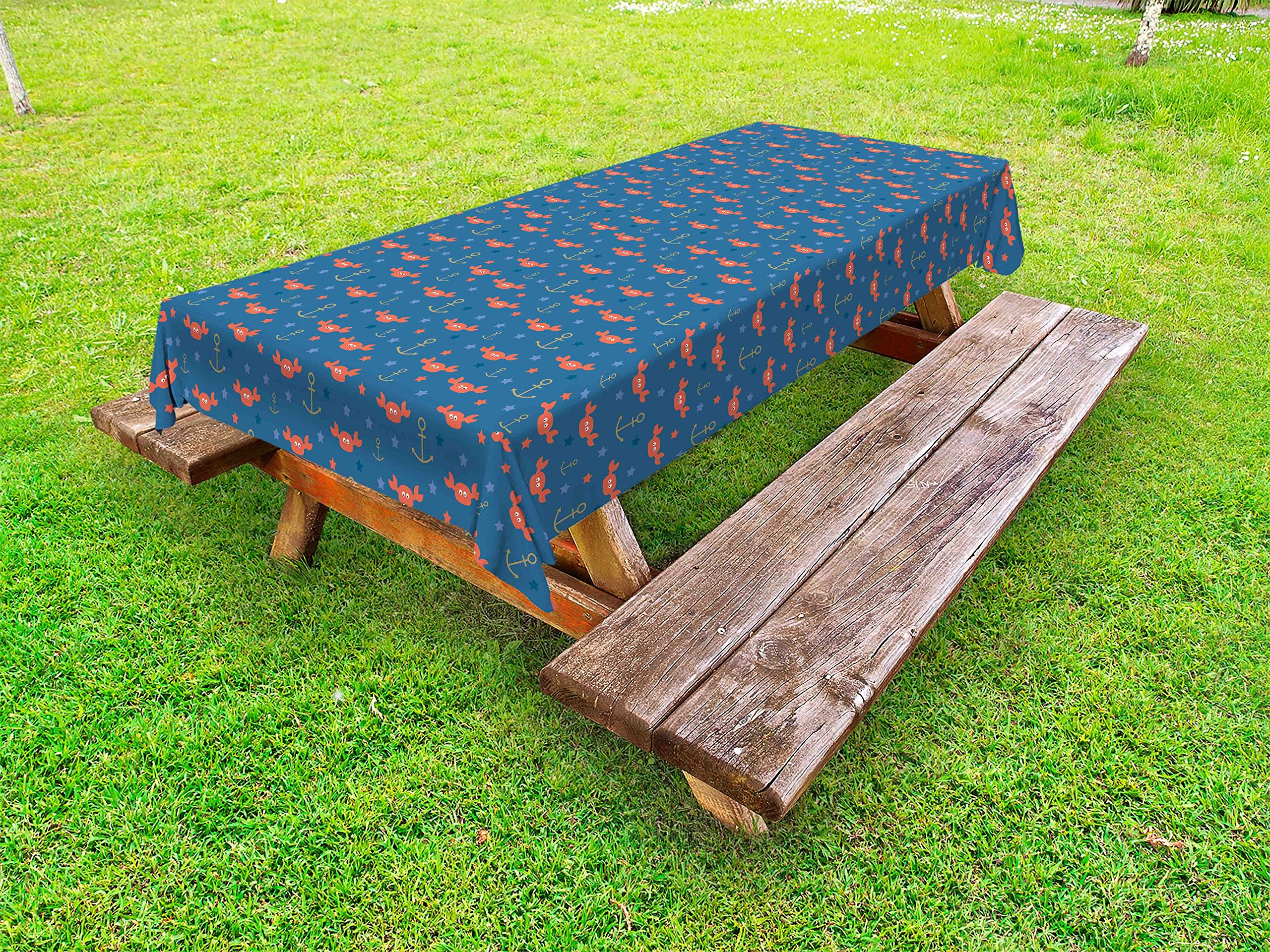 Ambesonne Under The Sea Outdoor Tablecloth - Cartoon Style Sea Crabs, Stars & Anchors Design - Washable Picnic Table Cover 58x104 Inches - Blue Orange Pale Brown - Perfect for Beach Parties, BBQs & Outdoor Dining