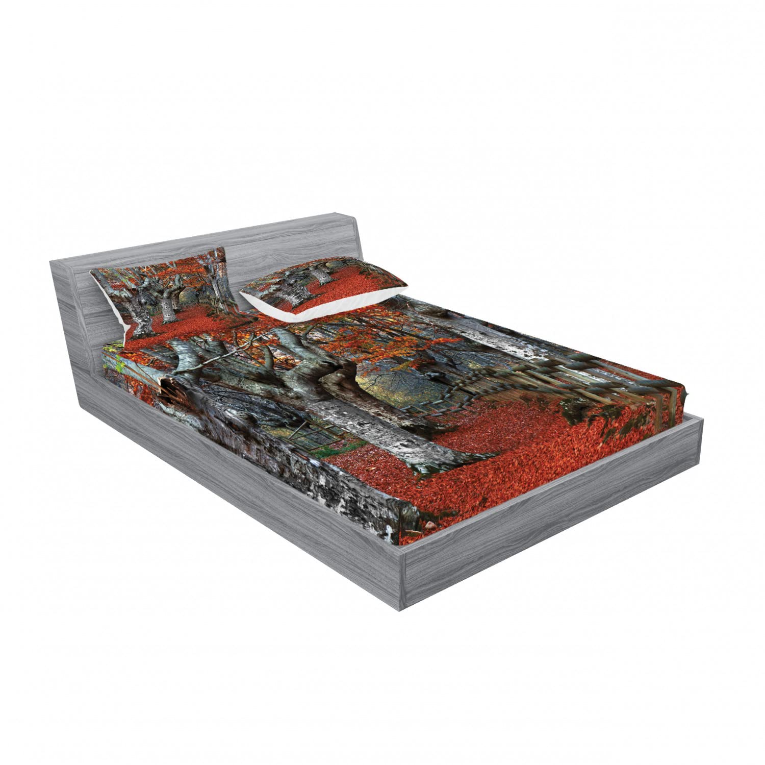 Ambesonne 4-Piece Queen Size Bedding Set - 2 Fitted Sheets & 2 Pillow Shams, Beech Forest Autumn Pattern in Grey Red, Soft Microfiber Sheets for Fall Decor | Perfect for Guest Rooms, Vacation Homes & Cozy Autumn Bedroom Makeovers