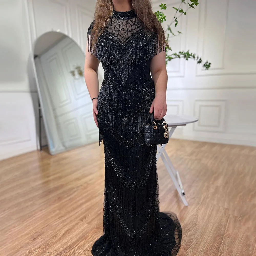 Elegant Grey Mermaid Evening Gown with Cap Sleeves & Beaded Tassel Details - Women's Luxury Party Dress for Prom, Gala & Special Occasions - Serene Hill Collection LA70529