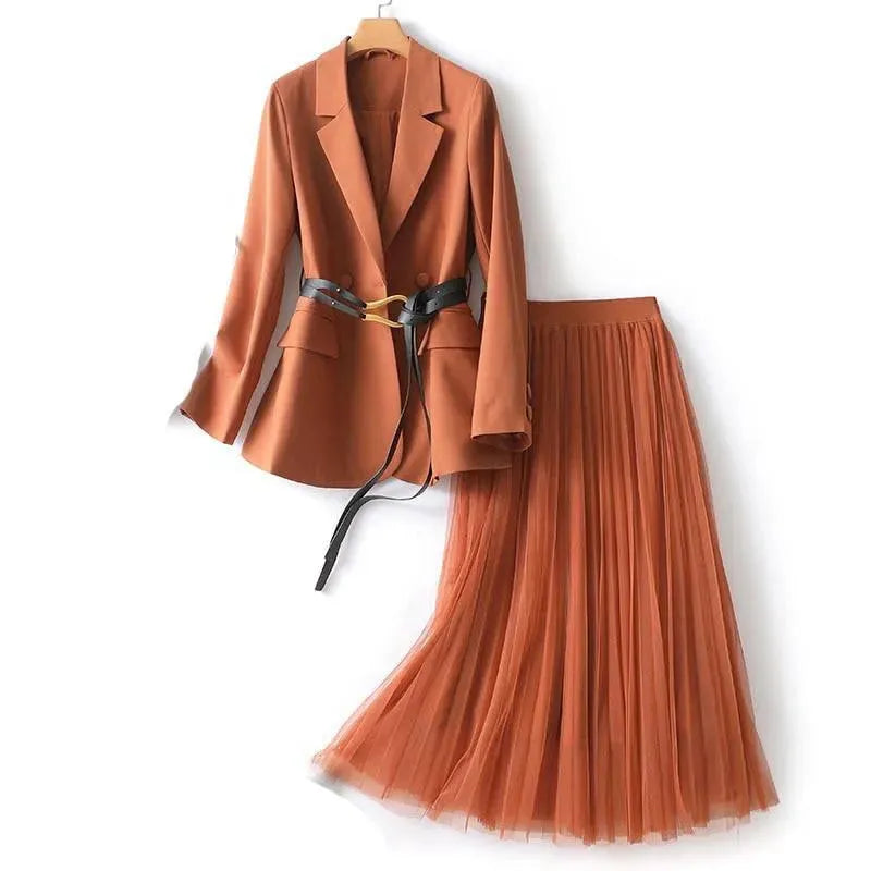 Women's Belted Skirt Suit Set - Elegant Office Wear & Business Formal Outfit for Work, Interviews & Professional Events