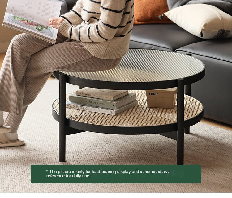 Solid Oak Wood Rattan Black Glass Round Coffee Table - Modern Living Room Centerpiece for Home Decor