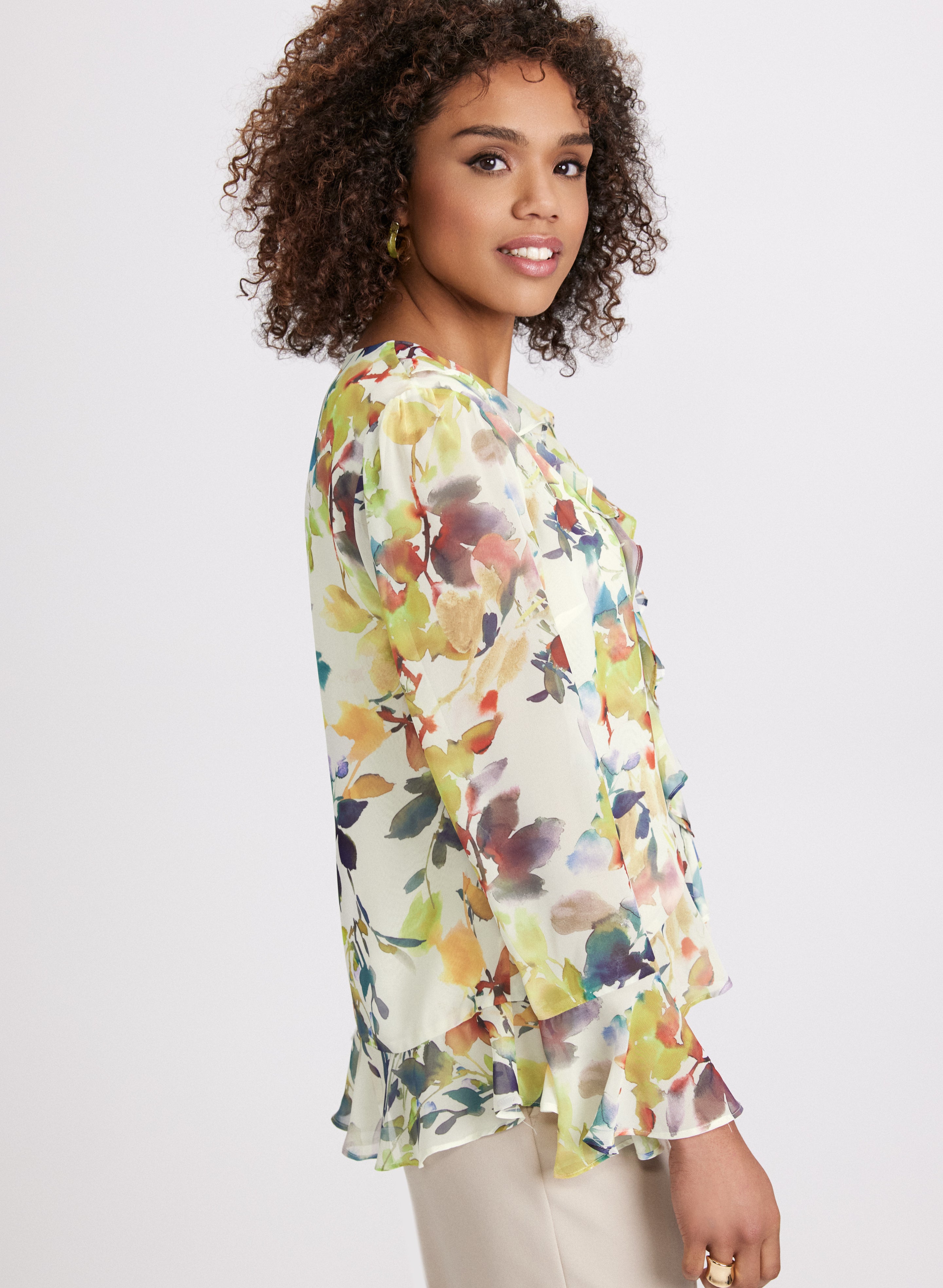 Floral Ruffle Front Blouse for Women - Elegant Flowy Top with Feminine Ruffles - Perfect for Spring, Summer, Office Wear & Date Nights