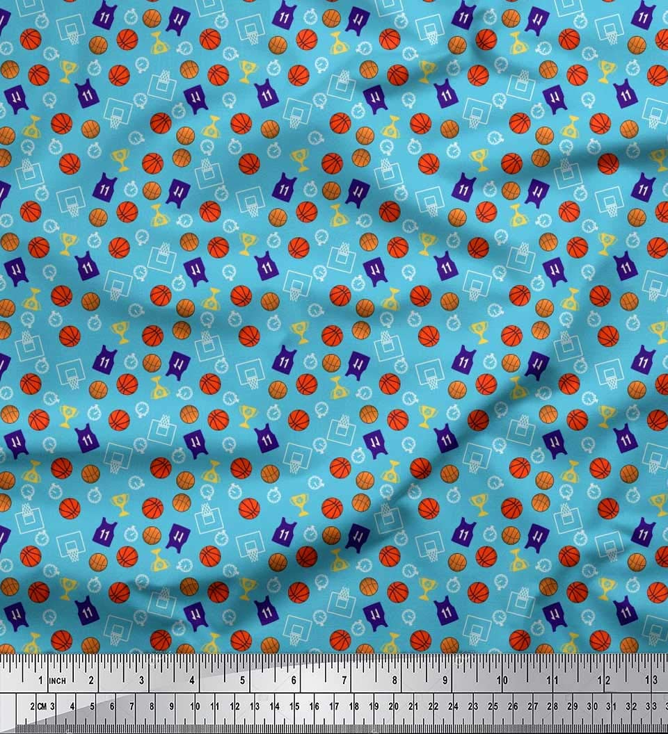 Soimoi Blue Silk Fabric by The Yard - 42 Inch Wide - Sports Championship Theme with Trophy, Timer Clock, and Basketball Prints - Perfect for DIY Costumes, Quilting, and Home Decor Projects