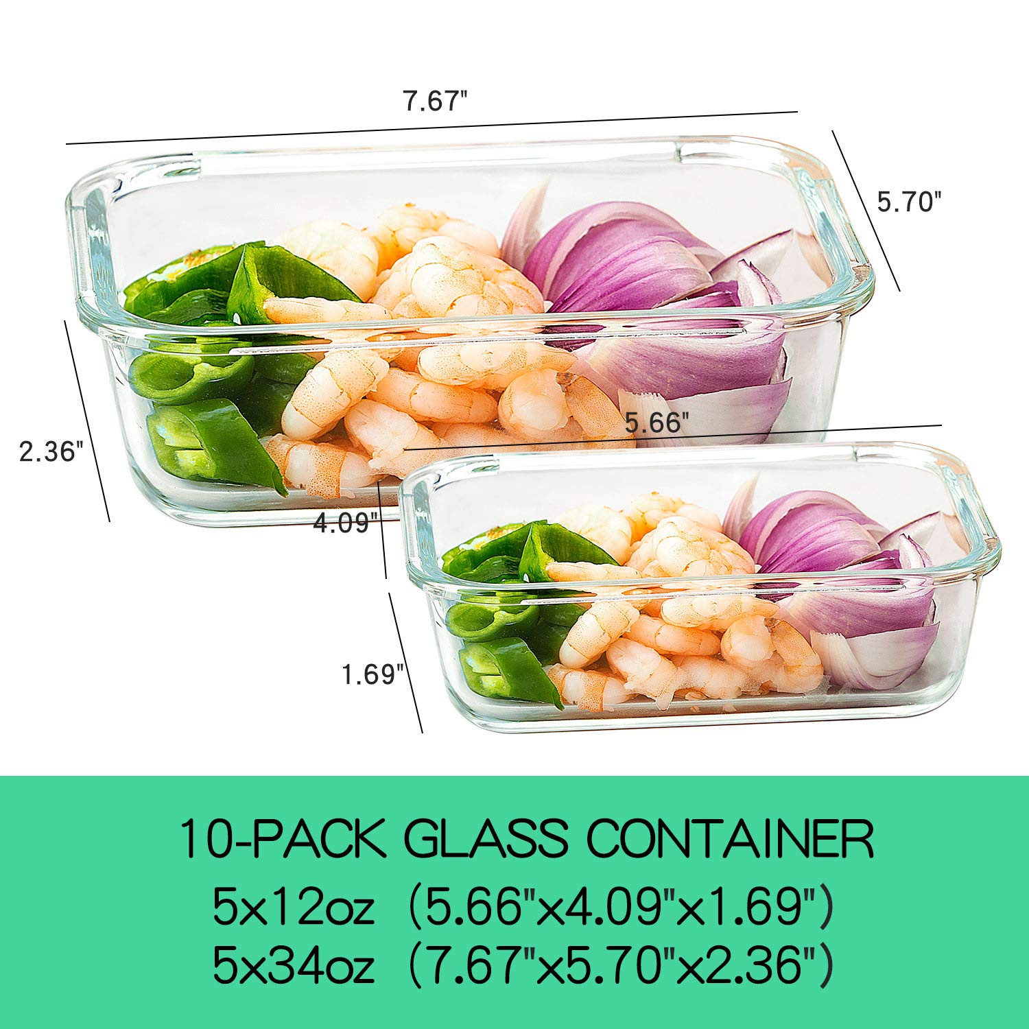 10-Pack Glass Food Storage Containers with Lids - Airtight Meal Prep Containers Set (5 Colors) for Kitchen, Home & Office - Perfect for Lunch Boxes, Leftovers & Food Organization
