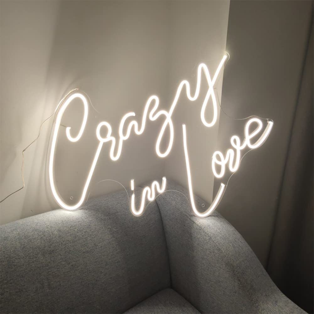 Crazy in Love LED Neon Sign - 30.3×22.8 Inch Acrylic Backlit Wall Decor with Dimmable Lights for Bedroom, Living Room, Office - Perfect for Weddings, Christmas Parties & Home Decor (White)