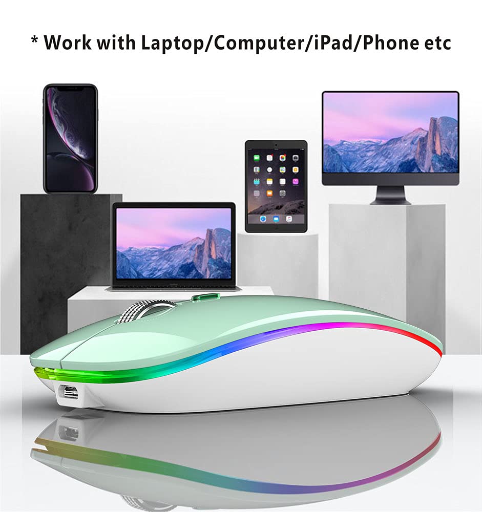 TENMOS Wireless Bluetooth Mouse - Slim Rechargeable Silent Mouse with LED, Bluetooth 5.1 & USB 2.4GHz for Laptop, MacBook, iPad (OS 13+) - Mint Green | Perfect for Office, Home & Travel Use