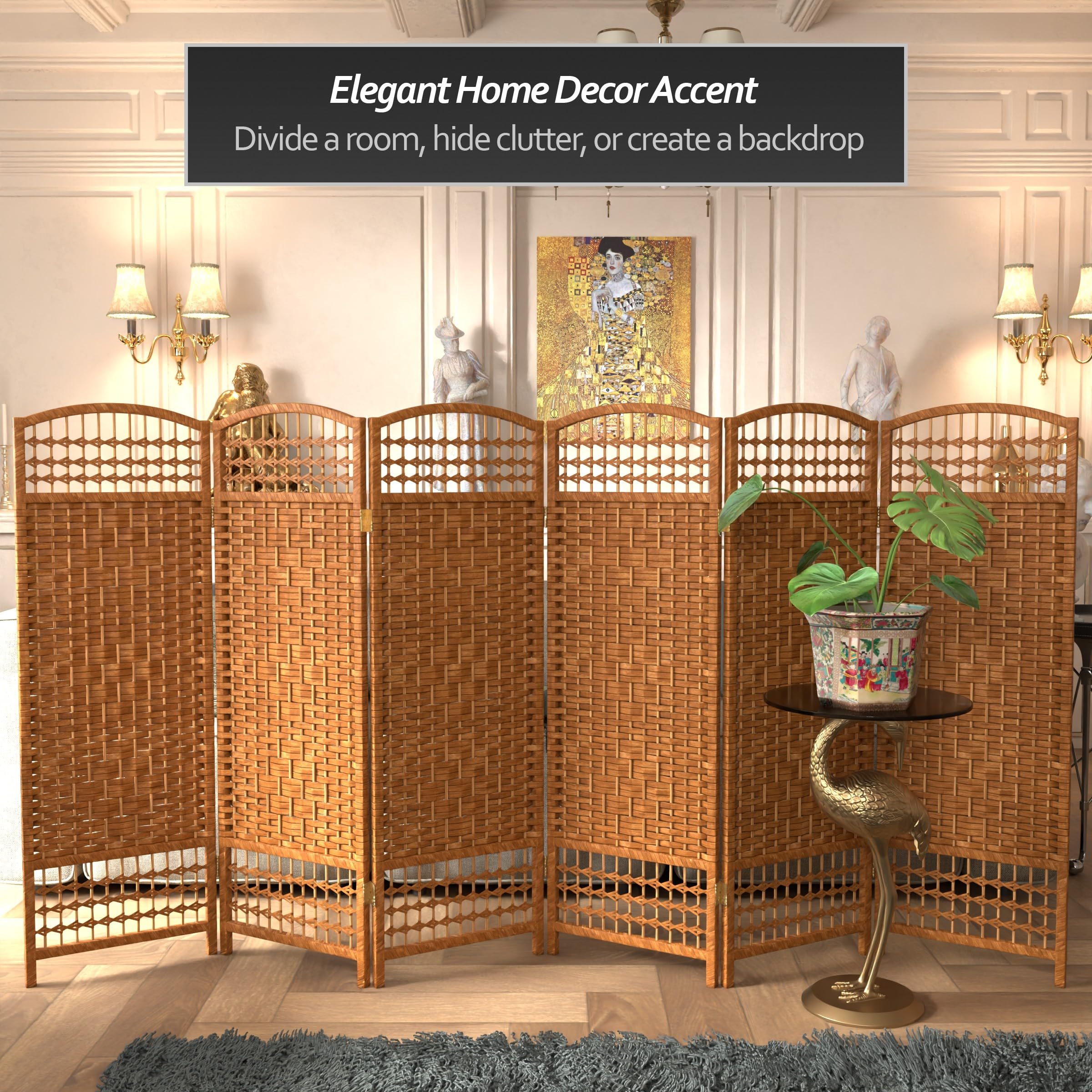 4 ft. Short Fiber Weave Folding Room Divider - Dark Beige 6-Panel Privacy Screen for Home, Office & Events | Space Separator for Living Room, Bedroom & Wedding Decor