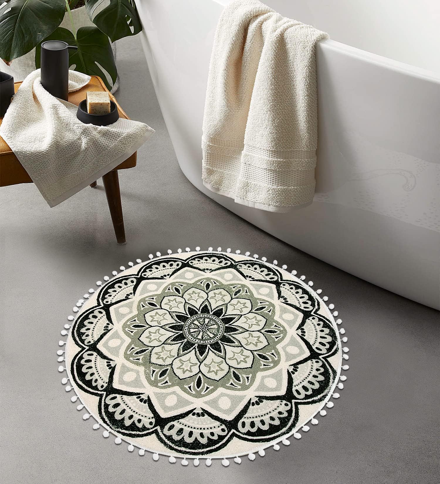 Uphome 2.3ft Small Round Boho Bathroom Rug - Non-Slip Washable Black Pom Pom Fringe Mandala Circle Bath Mat, Soft Bohemian Throw Rug for Bedroom, Sink, Dorm & Powder Room | Perfect for Bathroom Decor, Vanity Area & Cozy Home Accents