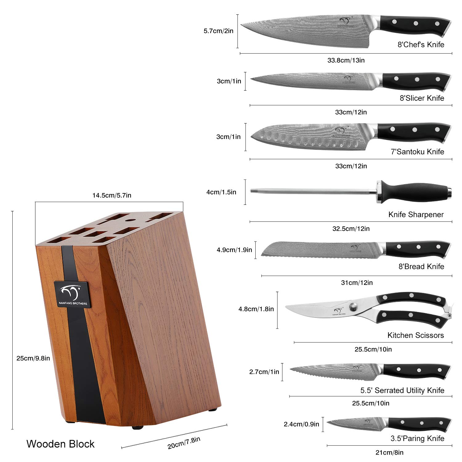 Premium Damascus Steel Kitchen Knife Set - 9-Piece Knife Block Set with Ergonomic Triple Rivet Handle for Chopping, Slicing, Dicing & Cutting - Perfect for Home Chefs & Professional Kitchens