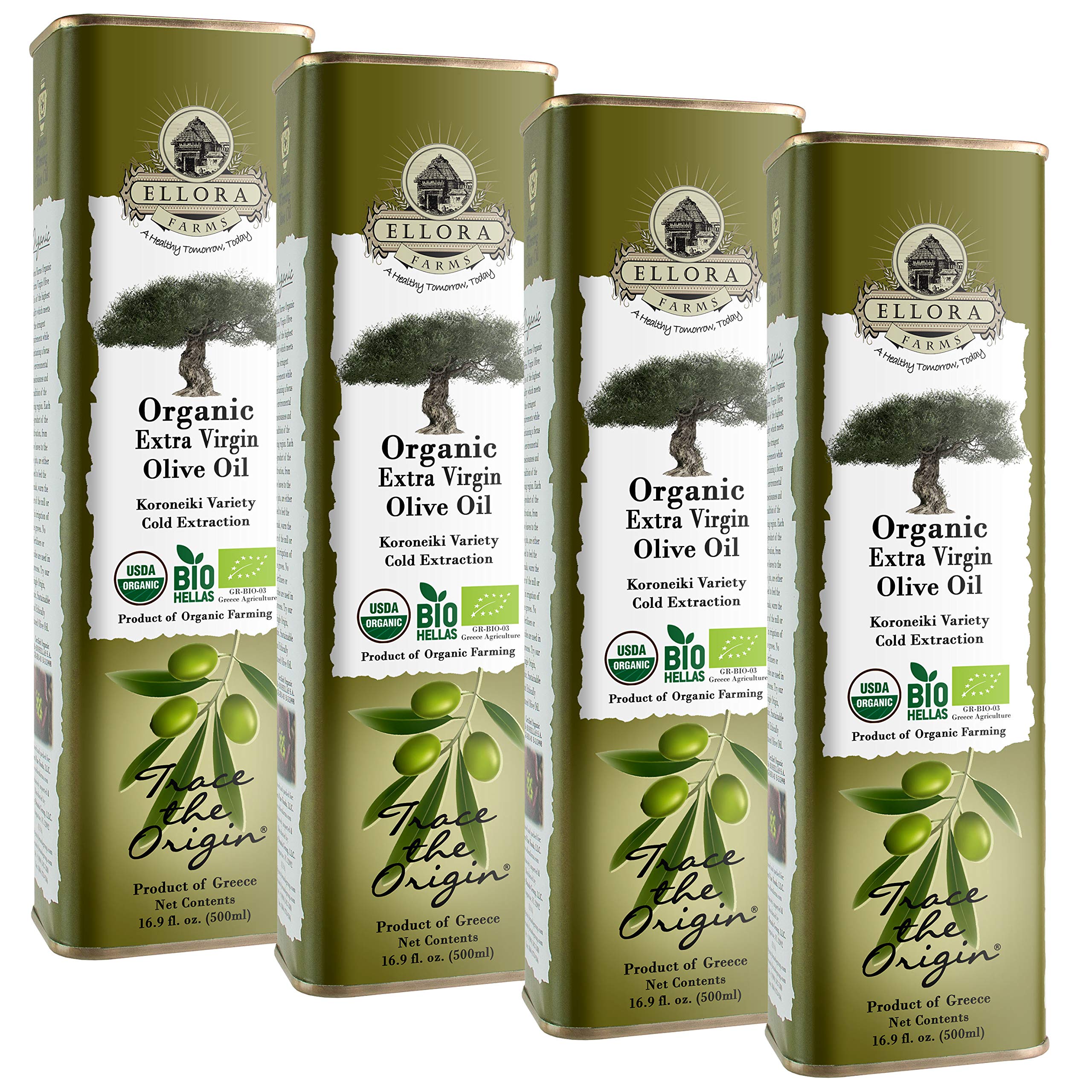 Ellora Farms USDA Organic Extra Virgin Olive Oil - 2024 Harvest, Gold Award Winner, Unfiltered & High Oleocanthal, Kosher Certified (17 oz Tin, Pack of 4) - Perfect for Salad Dressings, Cooking & Gourmet Recipes
