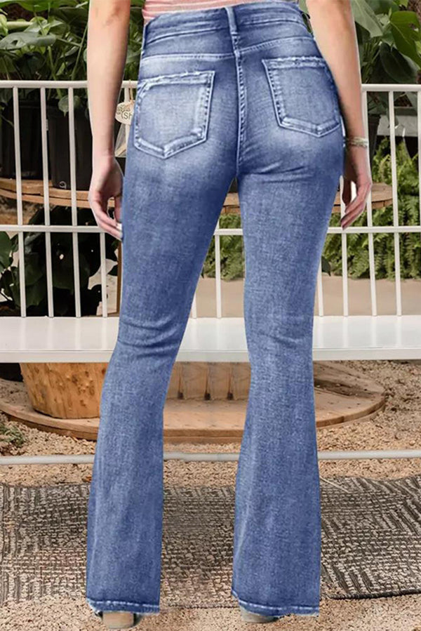 Vintage High Waist Flared Jeans with Side Button Pockets - Retro 70s Style Denim Pants for Women, Perfect for Casual Outings & Boho Fashion Looks