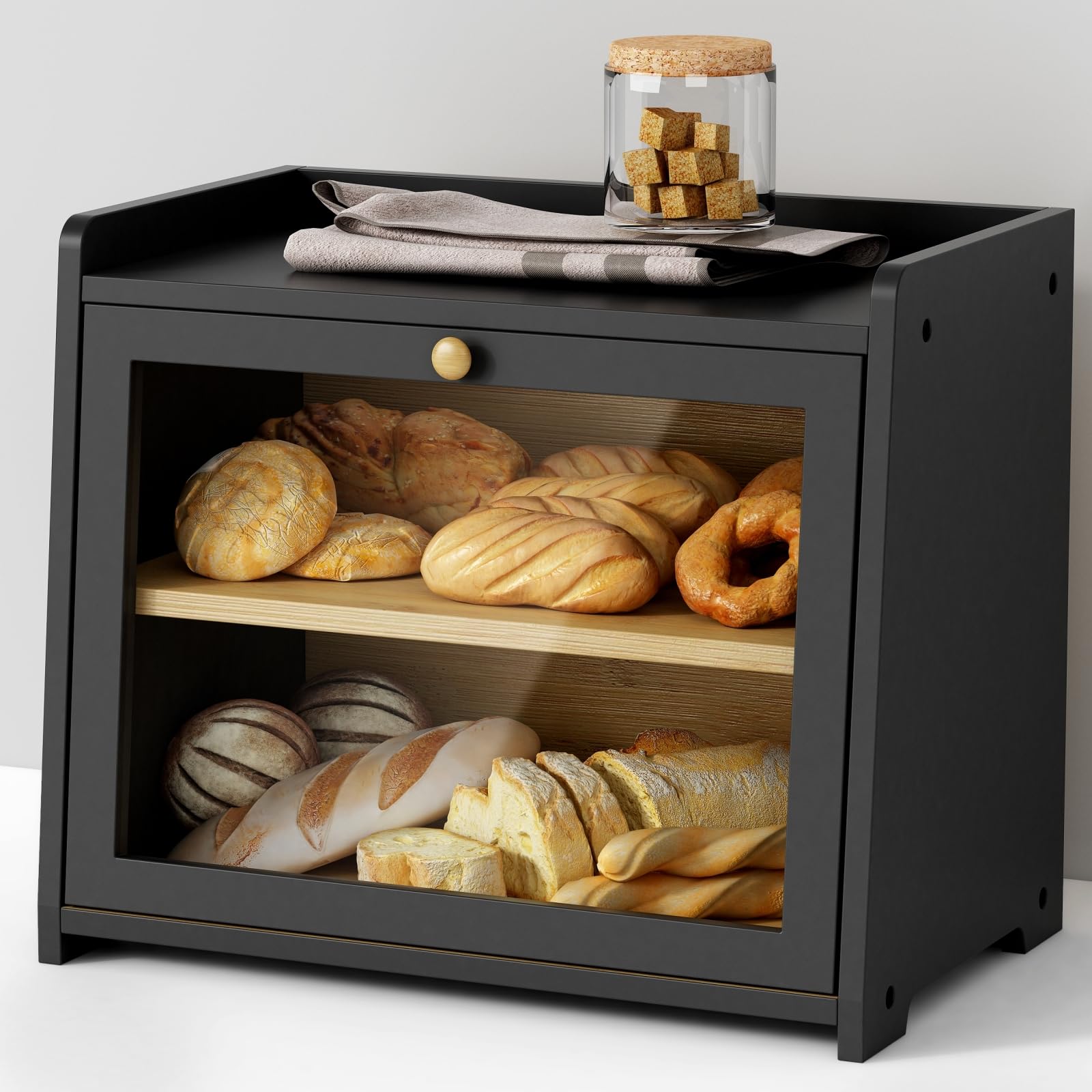 Black Wooden Bread Box for Kitchen Countertop - Large Farmhouse Bread Storage Container for Homemade Bread, Bread Organizer for Cabinet, Pantry & Cupboard - Perfect for Rustic Kitchens & Baking Enthusiasts
