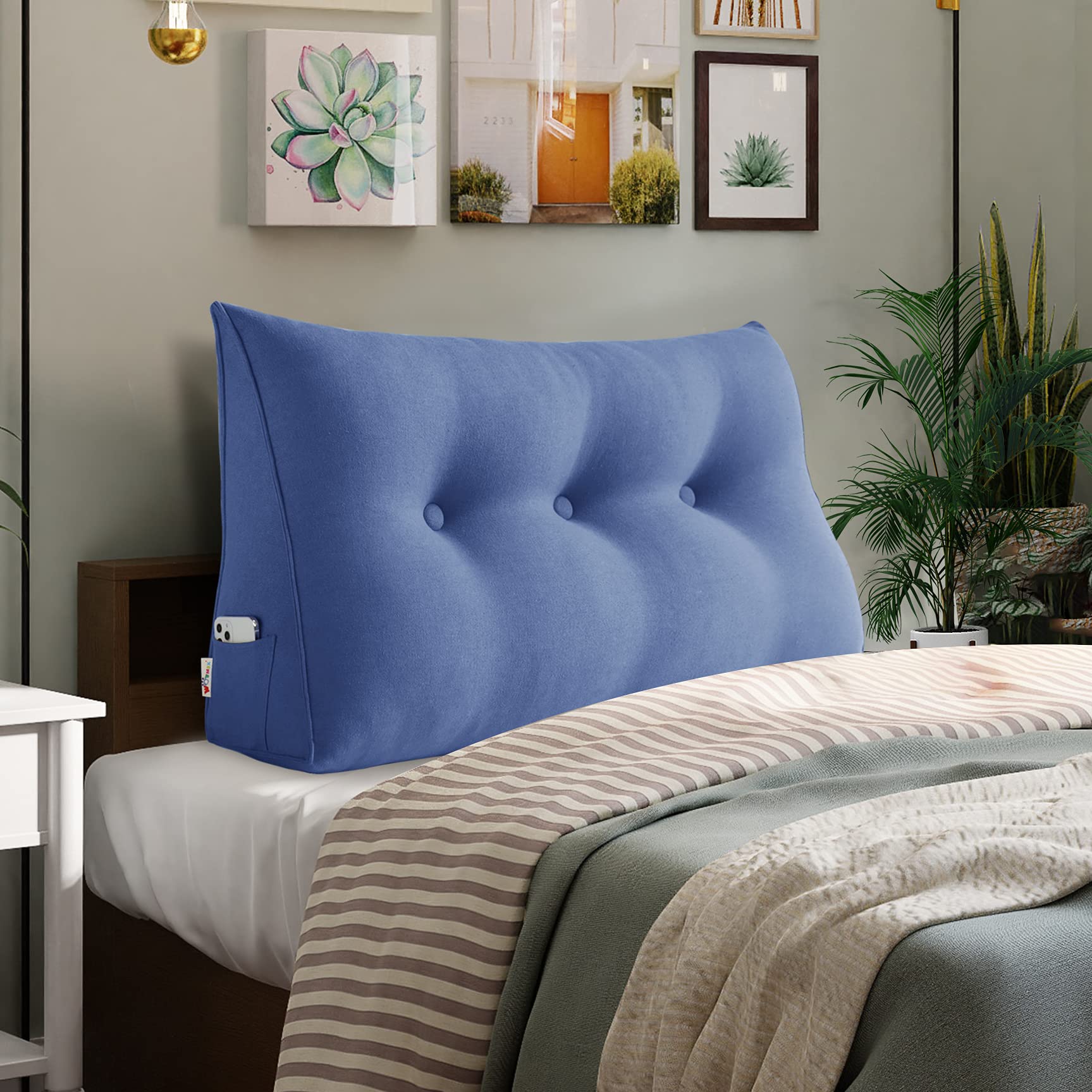 YXCSELL Wedge Pillow for Back Support - Large Triangle Reading & Bed Rest Pillow with Lumbar Support | Cotton Linen Bolster Cushion for Sitting Up in Bed, Daybed, or Sofa (Blue, Twin Size) - Perfect for Reading, Watching TV, and Post-Surgery Recovery