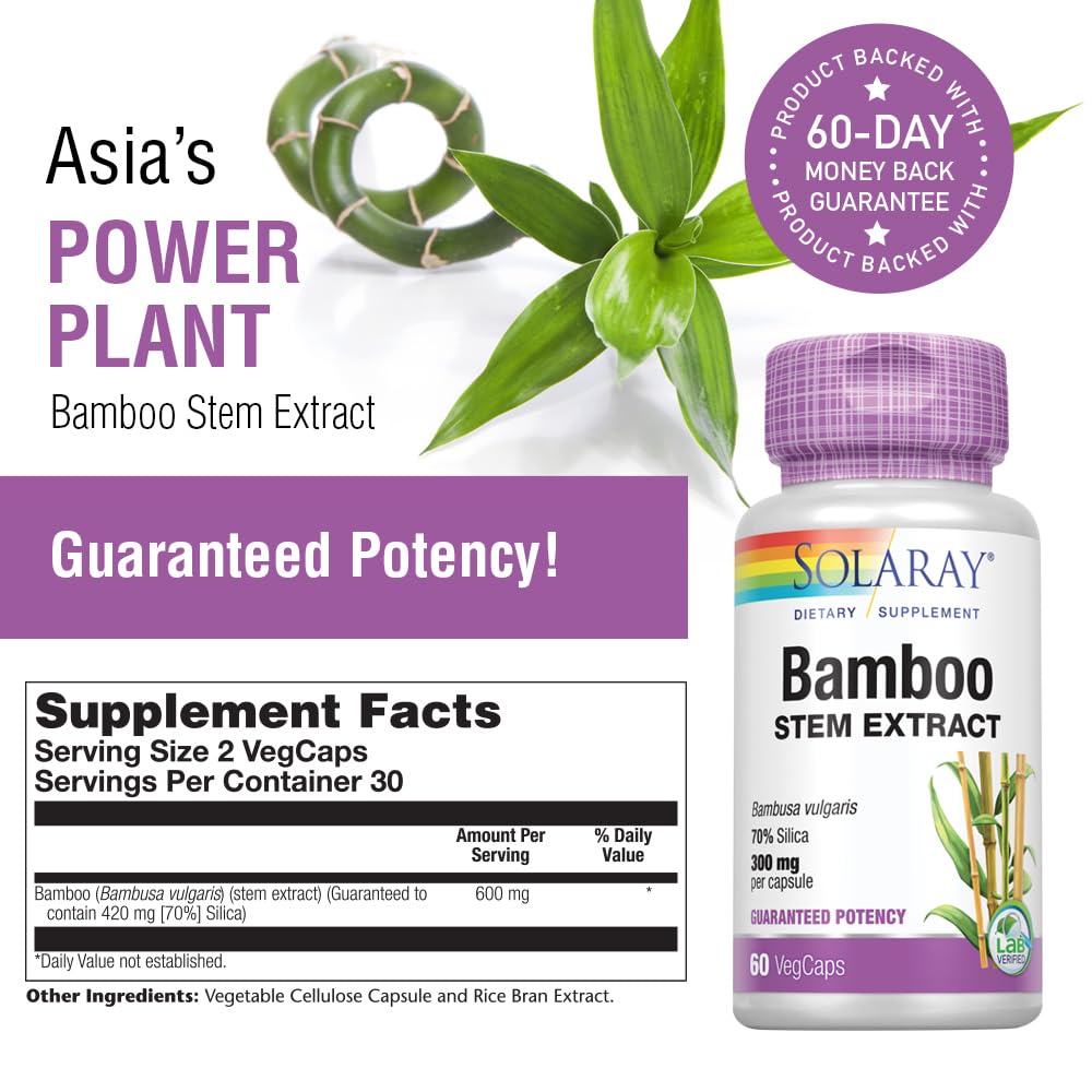 Solaray Bamboo Stem Extract 600mg - Supports Healthy Hair, Skin, Nails, Bones & Connective Tissue | Non-GMO, Vegan, Lab Verified Supplement | 60 Vegetable Capsules | For Daily Wellness & Beauty Routine