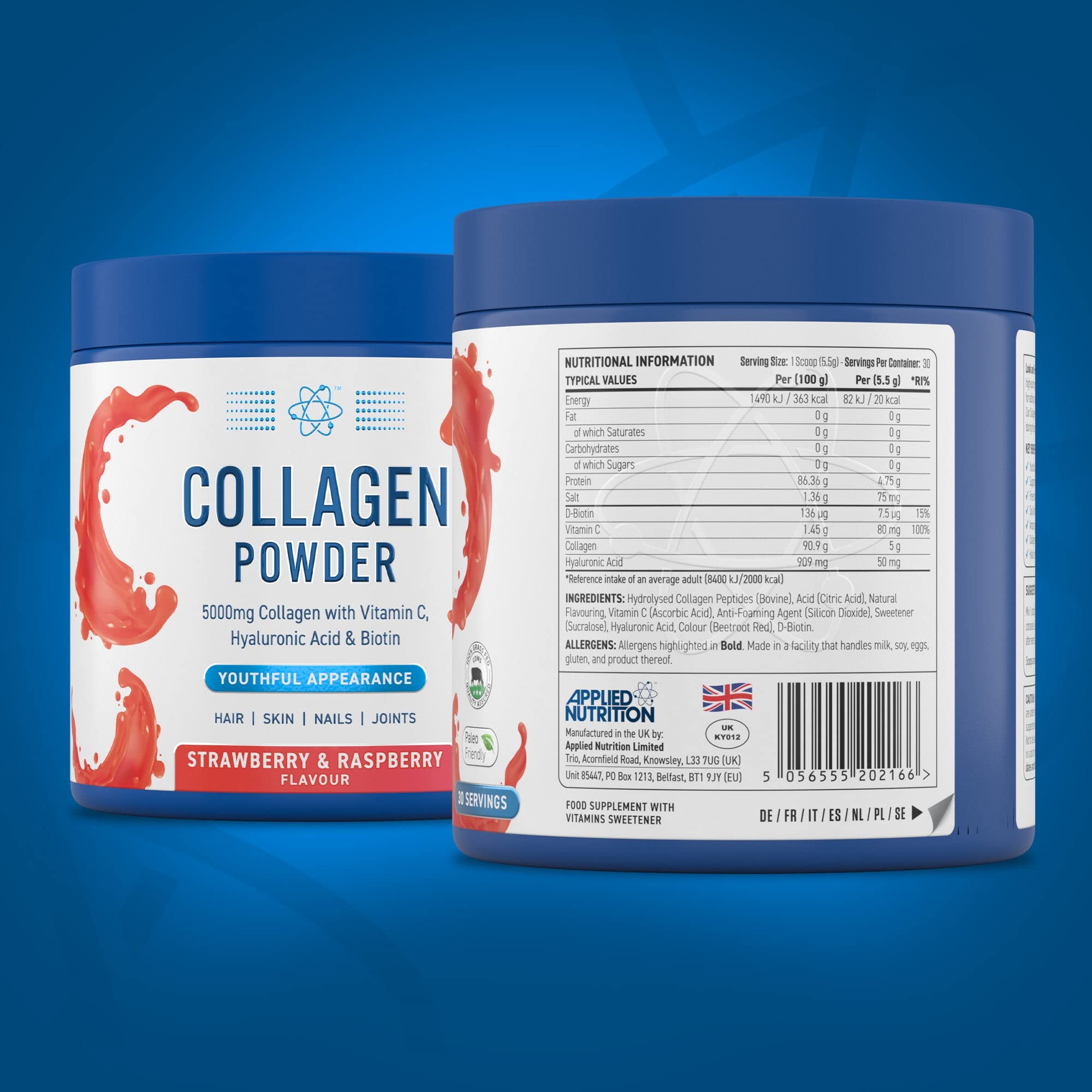 Applied Nutrition Collagen Powder - Strawberry & Raspberry Flavor (165g) | Supports Skin, Hair & Nail Health | Perfect for Smoothies, Coffee & Post-Workout Recovery