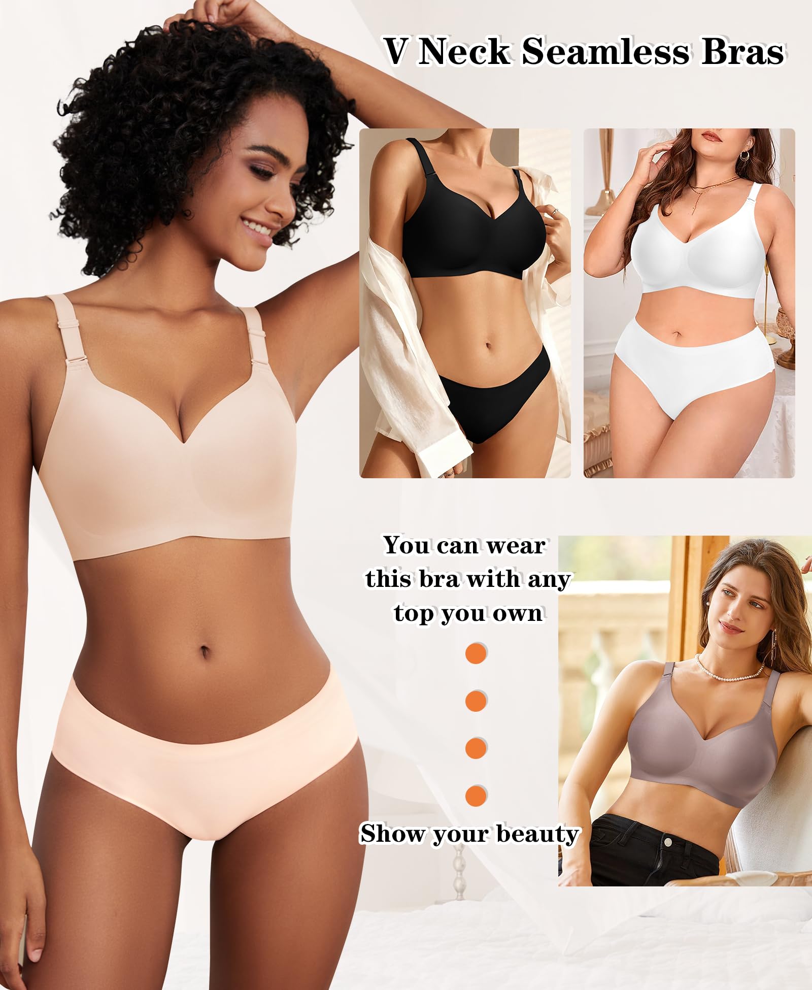 DOCUMO Wireless Push Up Bras for Women - No Underwire Seamless Support Bralette with Lift, Comfortable V Neck Design + Free Bra Extender - Perfect for Everyday Wear, Yoga & Lounge