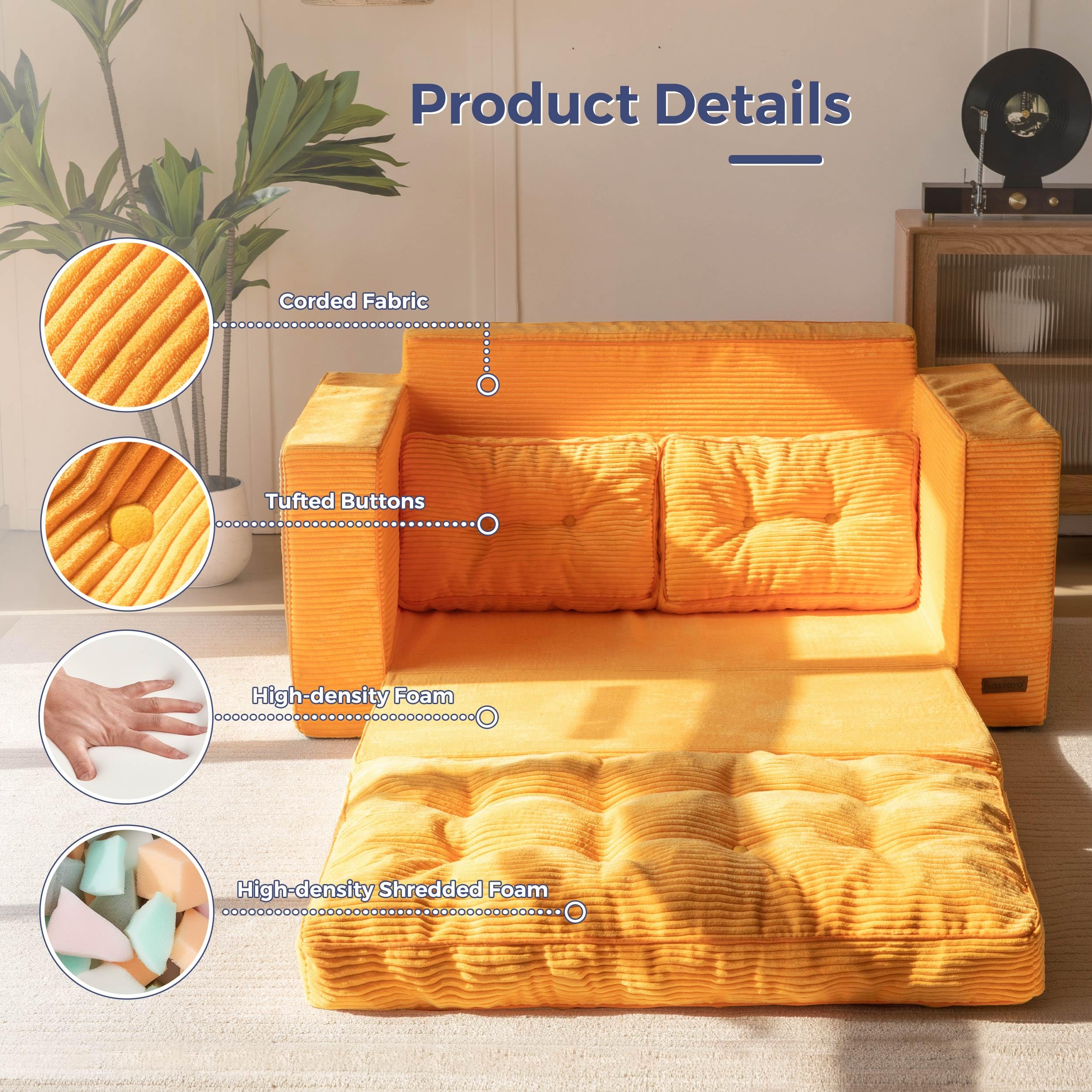 MAXYOYO Convertible Sofa Bed - Pull Out Loveseat Sleeper Sofa with Storage, Orange | Space Saving Multi-Functional Furniture for Small Apartments, Guest Rooms & Home Offices