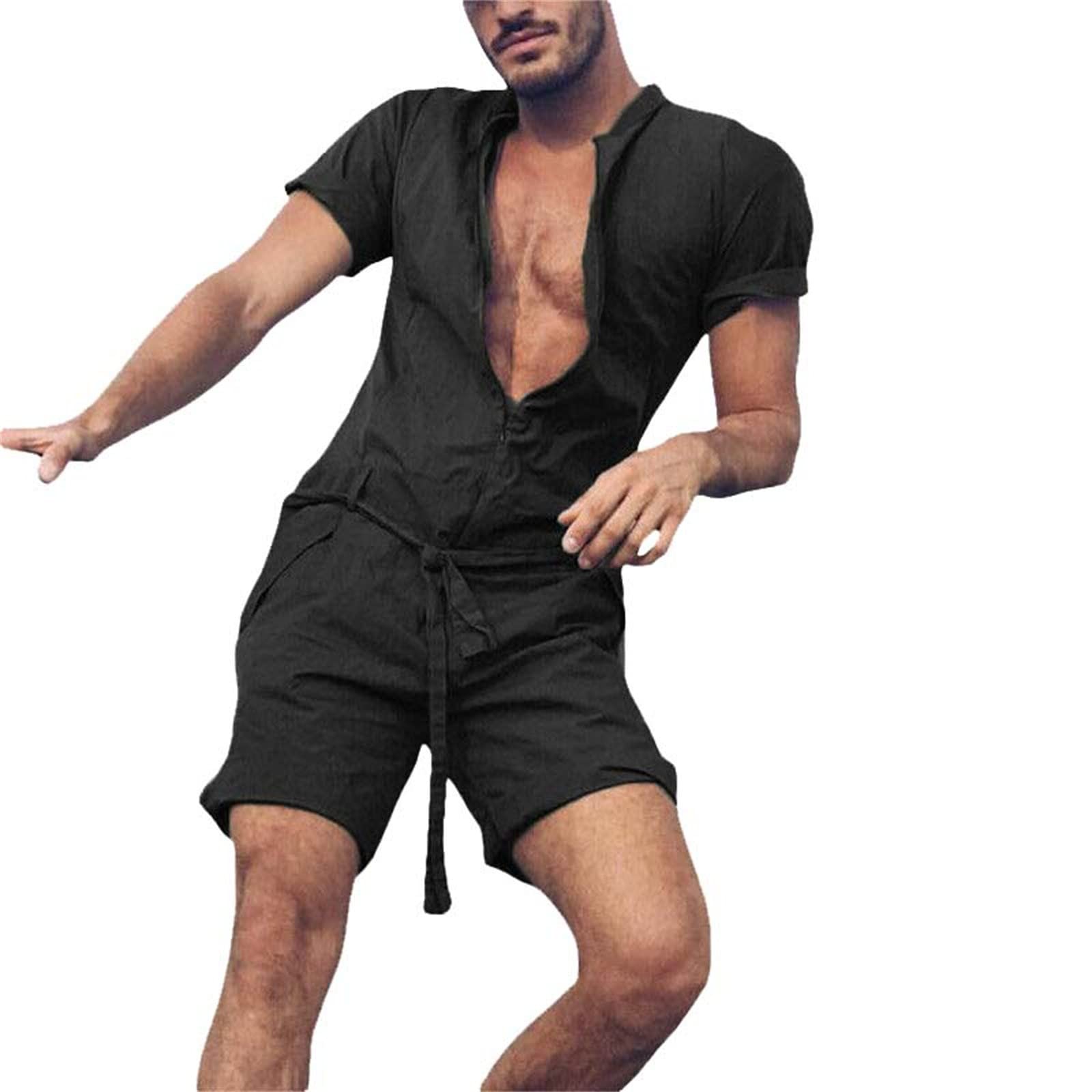Men's Spring Solid Color Short Sleeve Casual Jumpsuit with Vest - Lightweight Tan Suit for Outdoor Activities, Travel & Summer Wear
