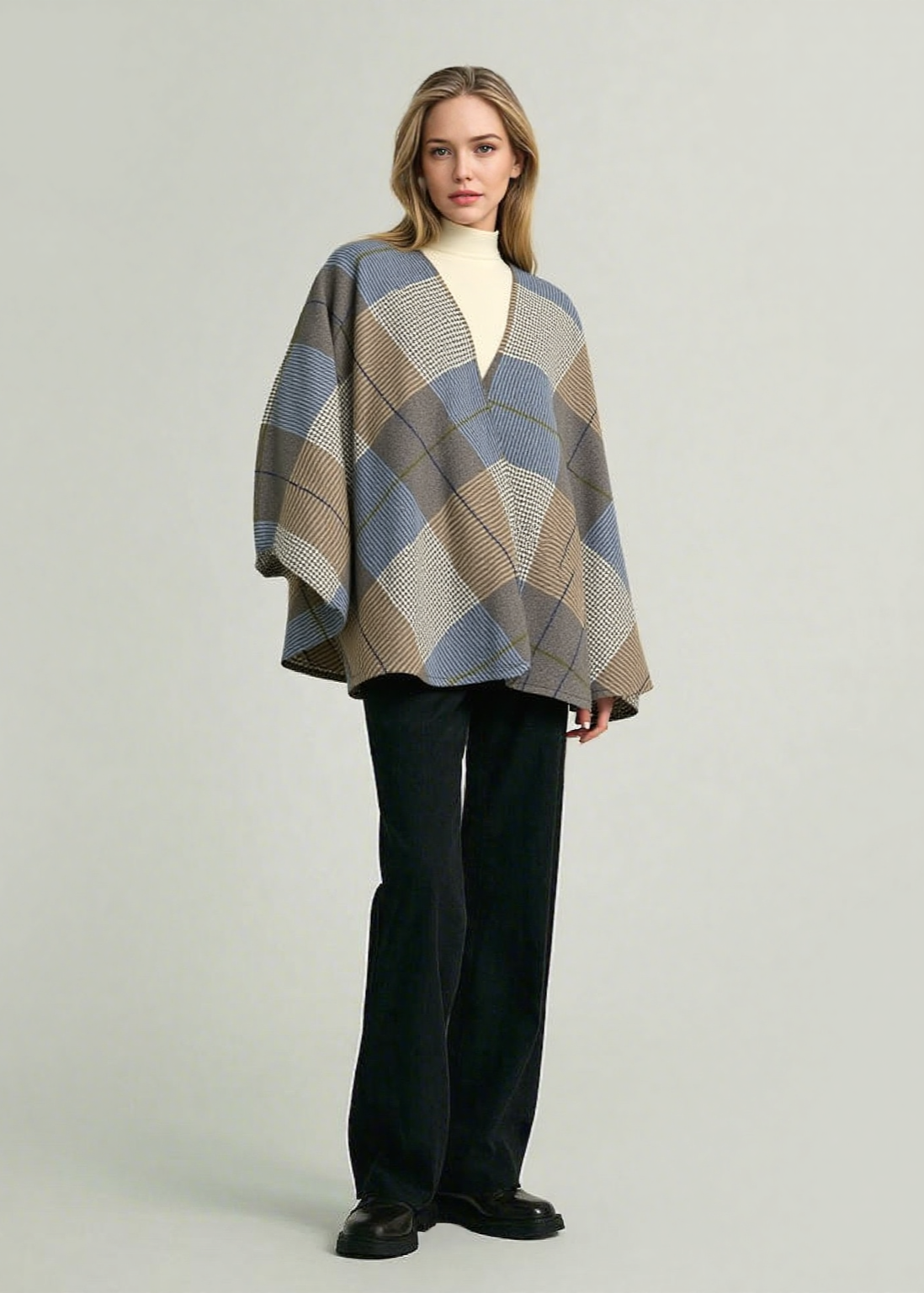 John Hanly Lambswool Cape - Cream Taupe & Denim Check Plaid Wrap - Cozy Winter Shawl for Women, Perfect for Office, Travel and Casual Outings