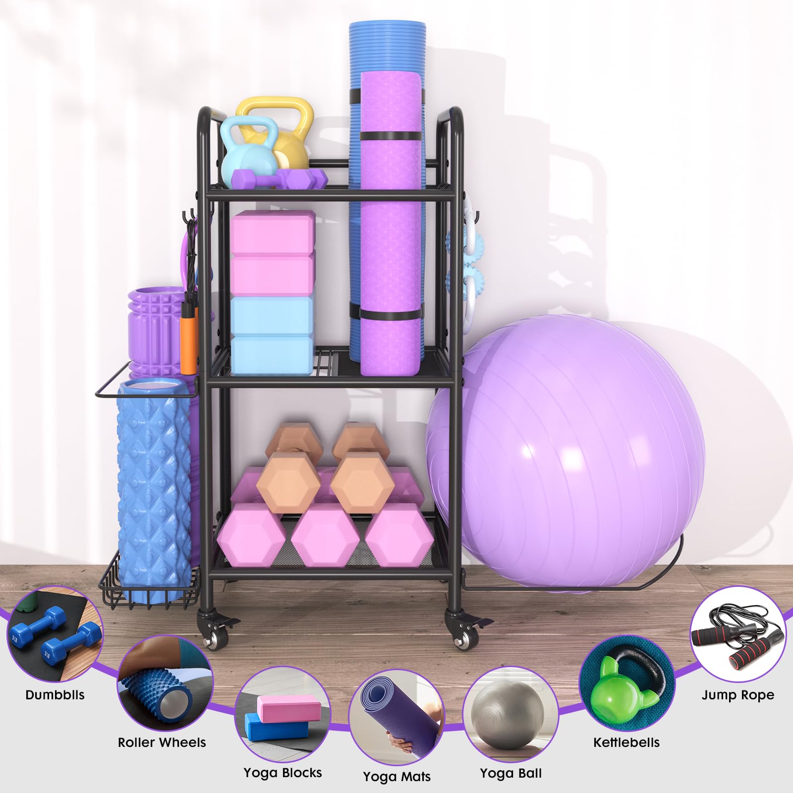 Home Gym Storage Rack - Heavy Duty Exercise Equipment Organizer for Yoga Mats, Dumbbells, Kettlebells & Resistance Bands | Perfect for Yoga Studios, Home Workouts & Garage Gyms - Space Saving Workout Gear Storage Solution
